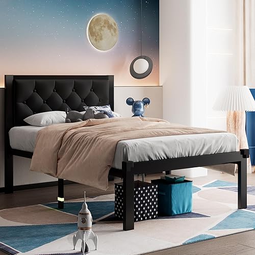 Miniatura 10 de Feonase Base de cama de metal tamaño individual con cabecera tapizada de lino, base de cama de plataforma resistente con almacenamiento de 12