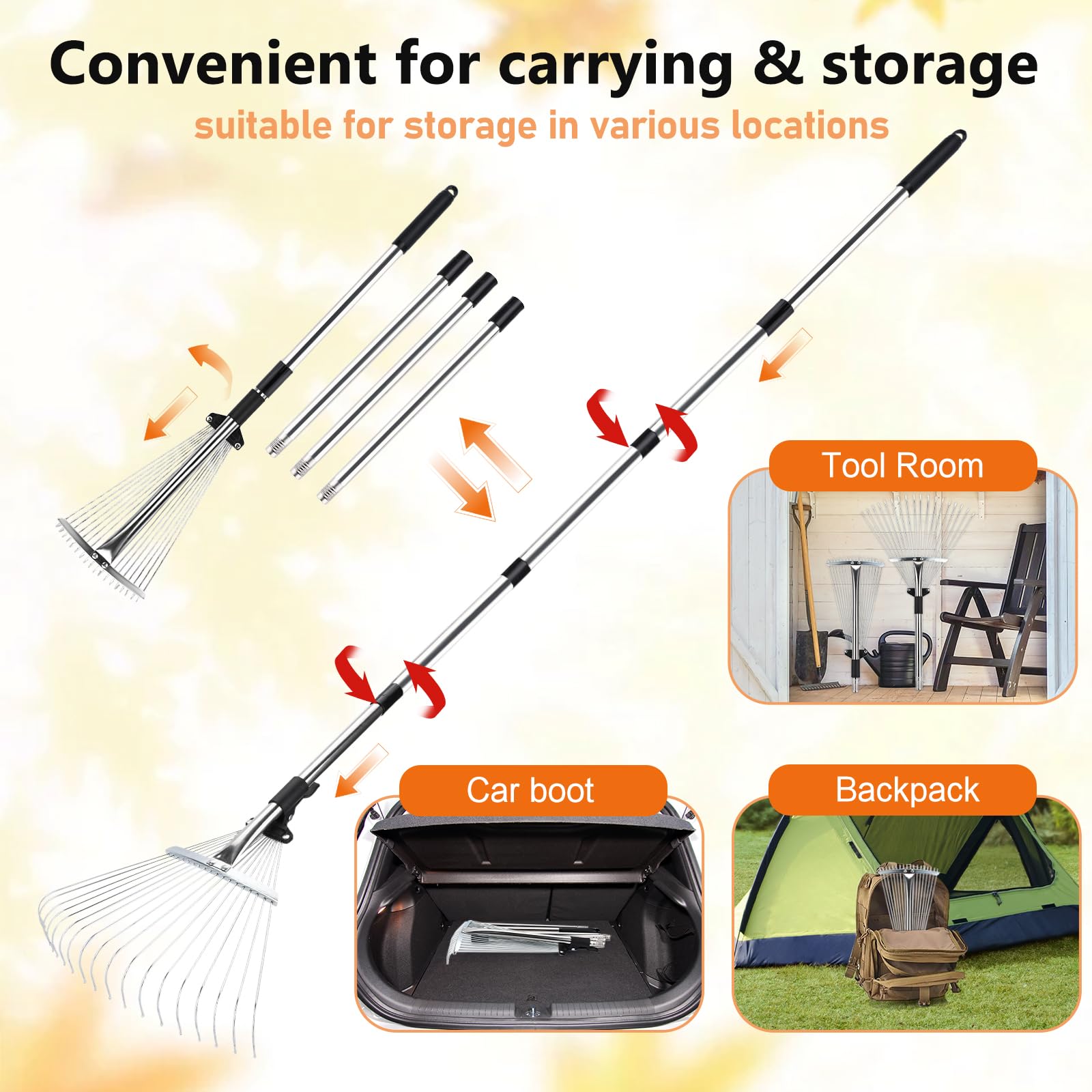 JOYBOY Rastrello da Giardino con 18 Denti in Metallo, Rastrello per Foglie 213cm con Testa Espandibile 20-40cm, Scopa da Giardino per Foglie Rastrello con Manico, per Cortile, Prato, Arbusti e Aiuole