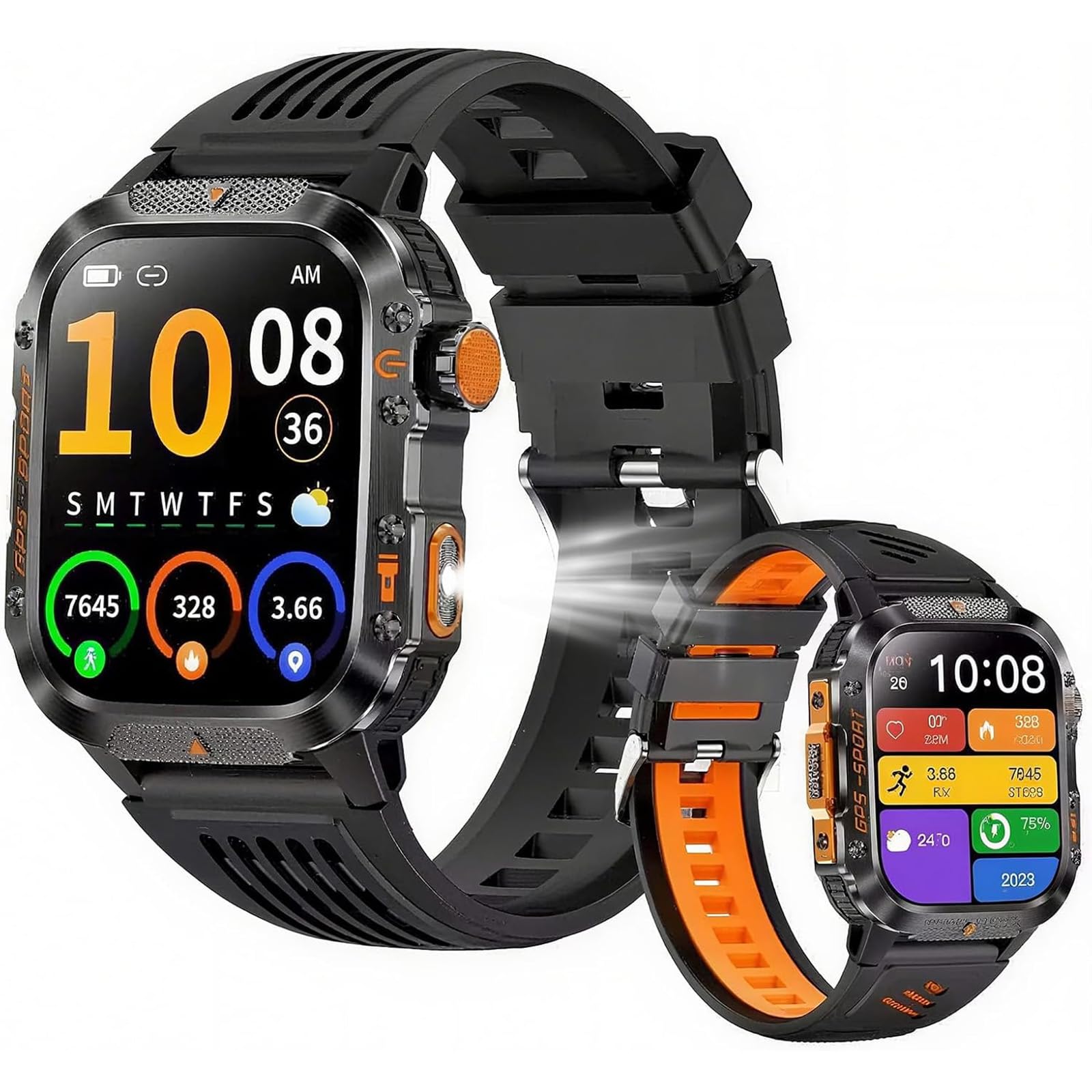 Smart watch militare con GPS integrato, smart watch tattico per iPhone/Android, oltre 100 modalità sportive con torcia, schermo da 2 pollici, Bluetooth, bussola, altimetro, frequenza cardiaca/spo2