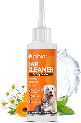 PUAINTA Dog Ear Cleaner Solution - Alcohol-Free Ear Wash with Quantum Silver & Witch Hazel - Soothes Itch, Removes Wax & Odor - Gentle Daily Flush for Dogs & Cats (8 oz) | Vet Formulated Patented Quantum Silver Alcohol-Free Dog & Cat Ear Flush, Soothes Itching & Irritation, Cleans Wax & Odor