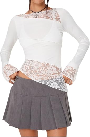 Womens Asymmetrical Sheer Lace T Shirt Sexy Slim Fit Long Sleeve Blouse Boat Neck Crop Top Tees