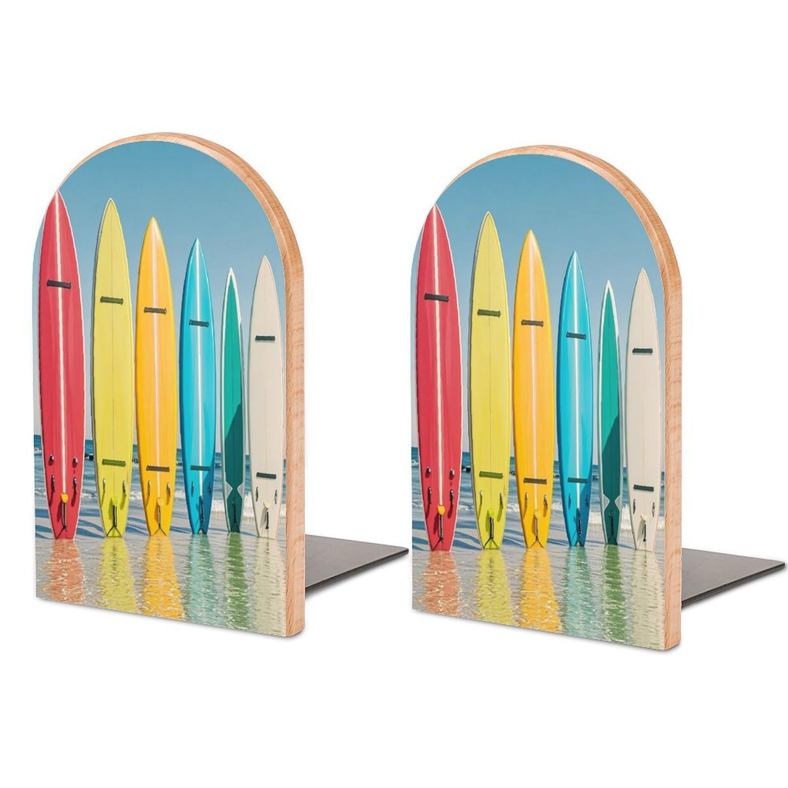 Colorful Surfboard Bookend for Shelves Wooden Book End Sturdy Book Holders Stoppers with Metal Base for Bookshelves Slick Decorative Bookends Stands
