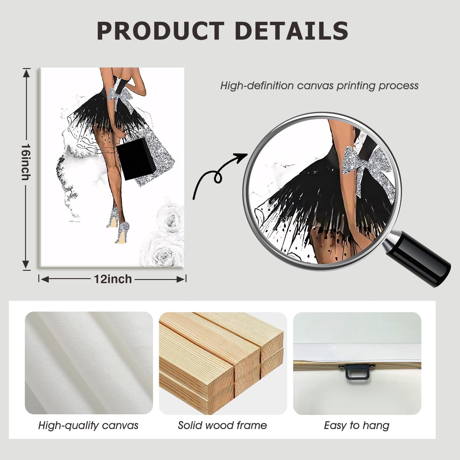 RUMSICH 3Pcs Stylish Girl Canvas Wall Art Black and White Floral Perfume Wall Decor Artwork Modern Trendy Women's Poster Print Suitable for Dresser Closet Makeup Bedroom Decoration 12×16 Inch Framing