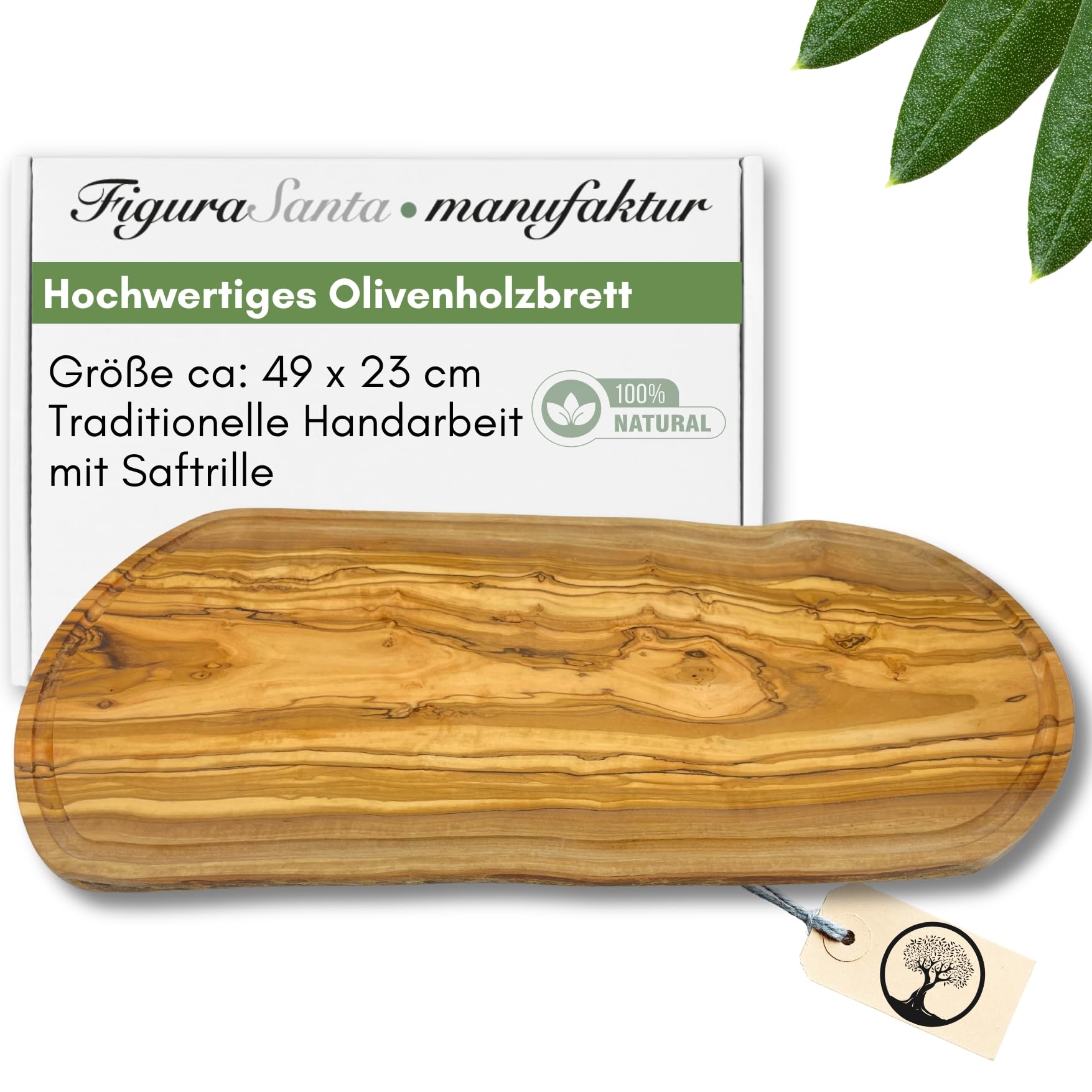 Schneidebrett aus 100% Olivenholz - massives Olivenholzbrett antibakteriell - Steakbrett Holz mit Saftrille - alternative zu Schneidebrett Kunststoff (50-55cm)