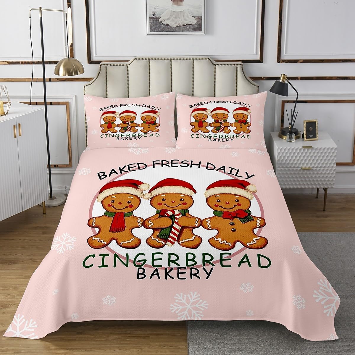 Feelyou Cute Christmas Bedspread Gingerbread Man Bedspread for Kids Boys Girls Xmas Tree Coverlet Set Christmas Snowflake Quilted Bedroom Collection 2Pcs Twin Size