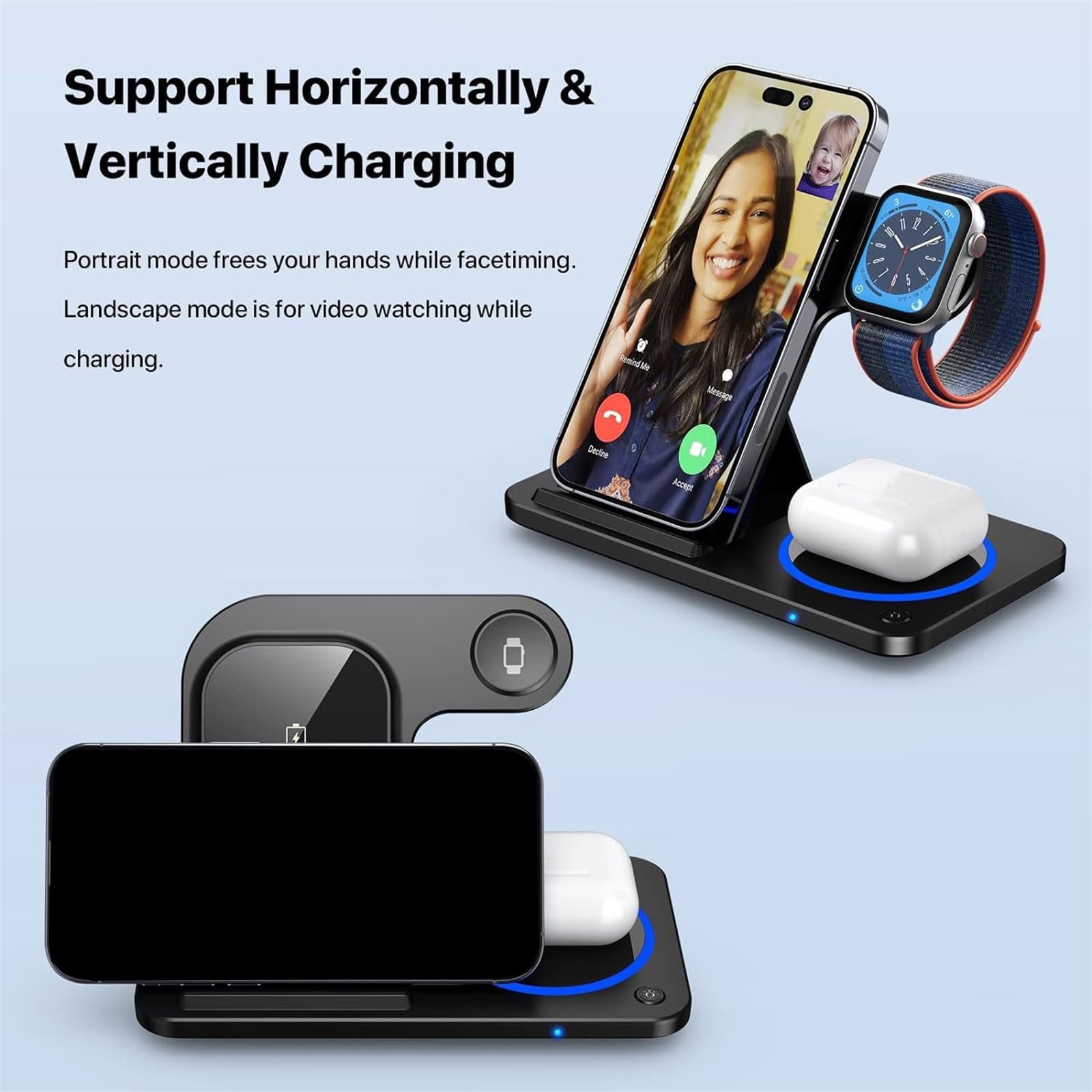 Supporto 3 in 1 molto sottile per wireless con tecnologia a doppia bobina, veloce e sicuro per smartphone, smartwatch, utilizzare telefoni pieghevoli, caricabatterie
