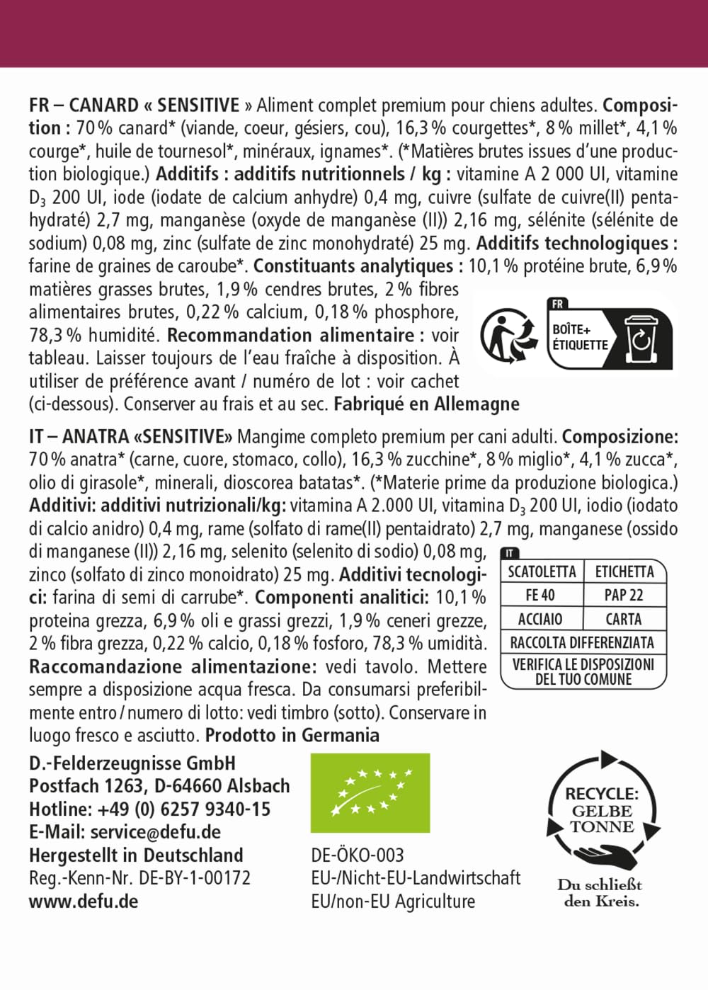 defu Hundefutter | 12 x 410 g | Bio Ente Sensitiv | Premium Bio Nassfutter Menü | Alleinfuttermittel für Hunde