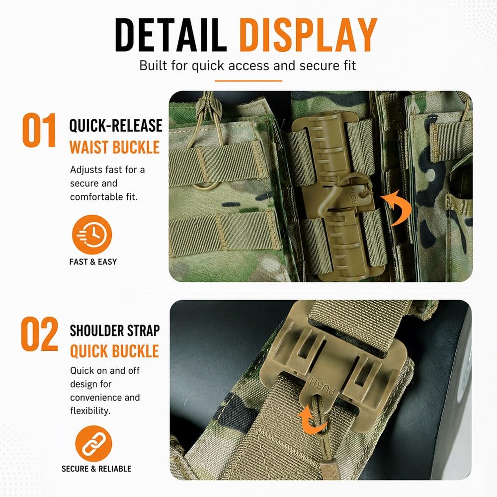 Chaleco Táctico MOLLE Ajustable para Hombre y Mujer,Chaleco Airsoft Ligero con Bolsillos para Cargadores Liberación Rápida para Paintball Caza Entrenamiento Outdoor Wargame