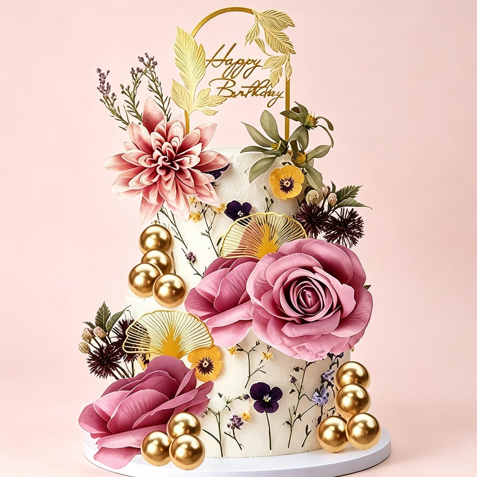 23 Pcs Purple & Gold Floral Cake Decorations for Birthday