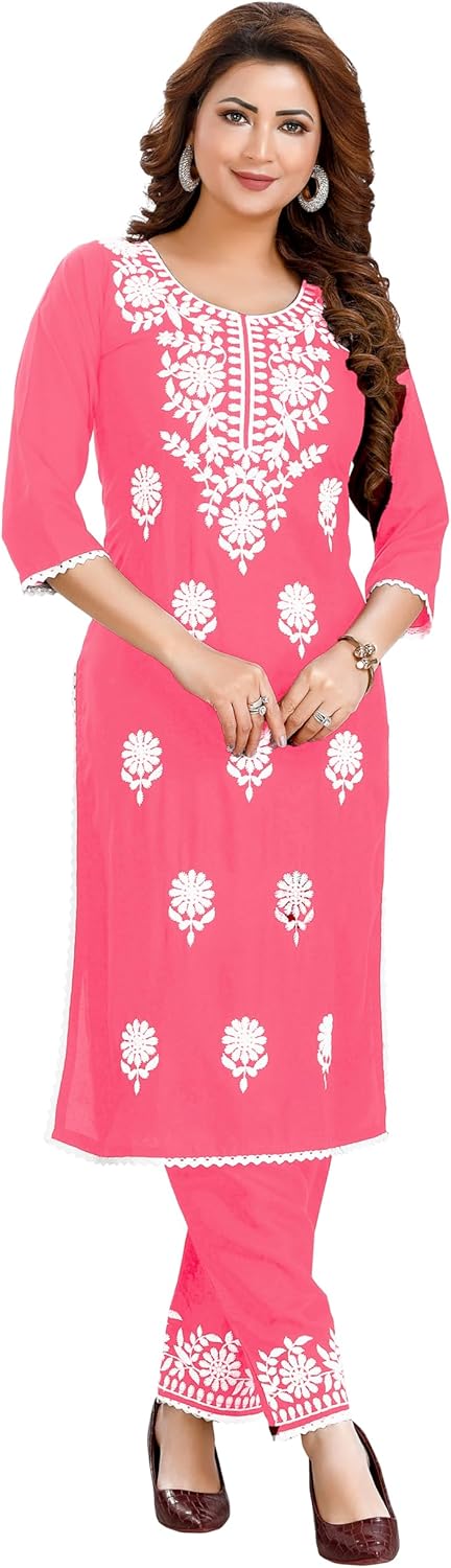 ladyline Rayon Plain Lucknowi Embroidered Kurta with Pants Set for Women Indian Dress