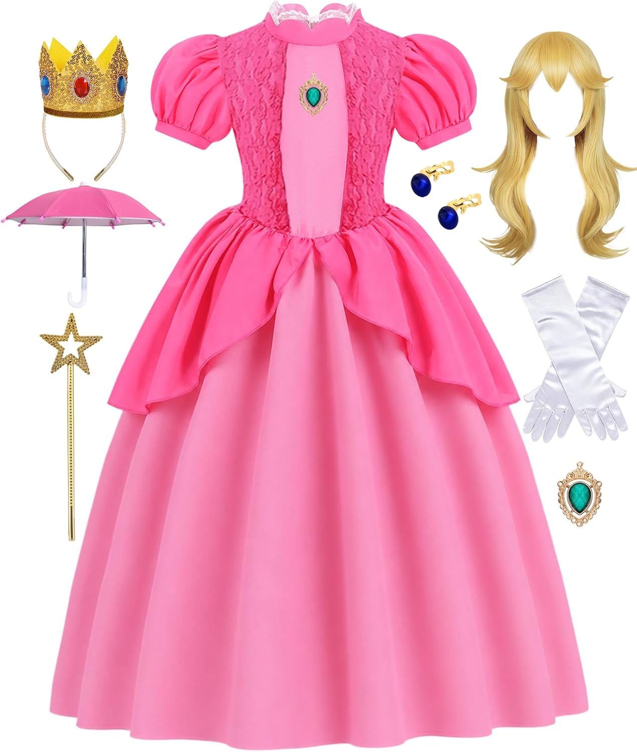 Galaxy Princess Costume Girls Dress Set Kids Mint Dress with Accessories | Toddler Halloween Costumes Outfit Long Sleeve Dress with Wig Crown Wand Earrings for Birthday Party Dress Up Set