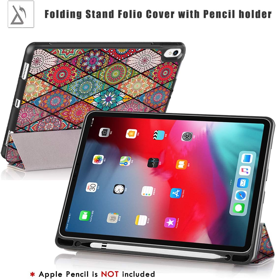 Fеаturеd Prоduсt Hocase iPad Pro 12.9 2018 Case, Trifold Folio Smart Stand Case with Pencil Holder, Auto Sleep/Wake Feature, Soft TPU Back Cover for iPad Pro 12.9-inch 3rd Generation - Mandala Flowers