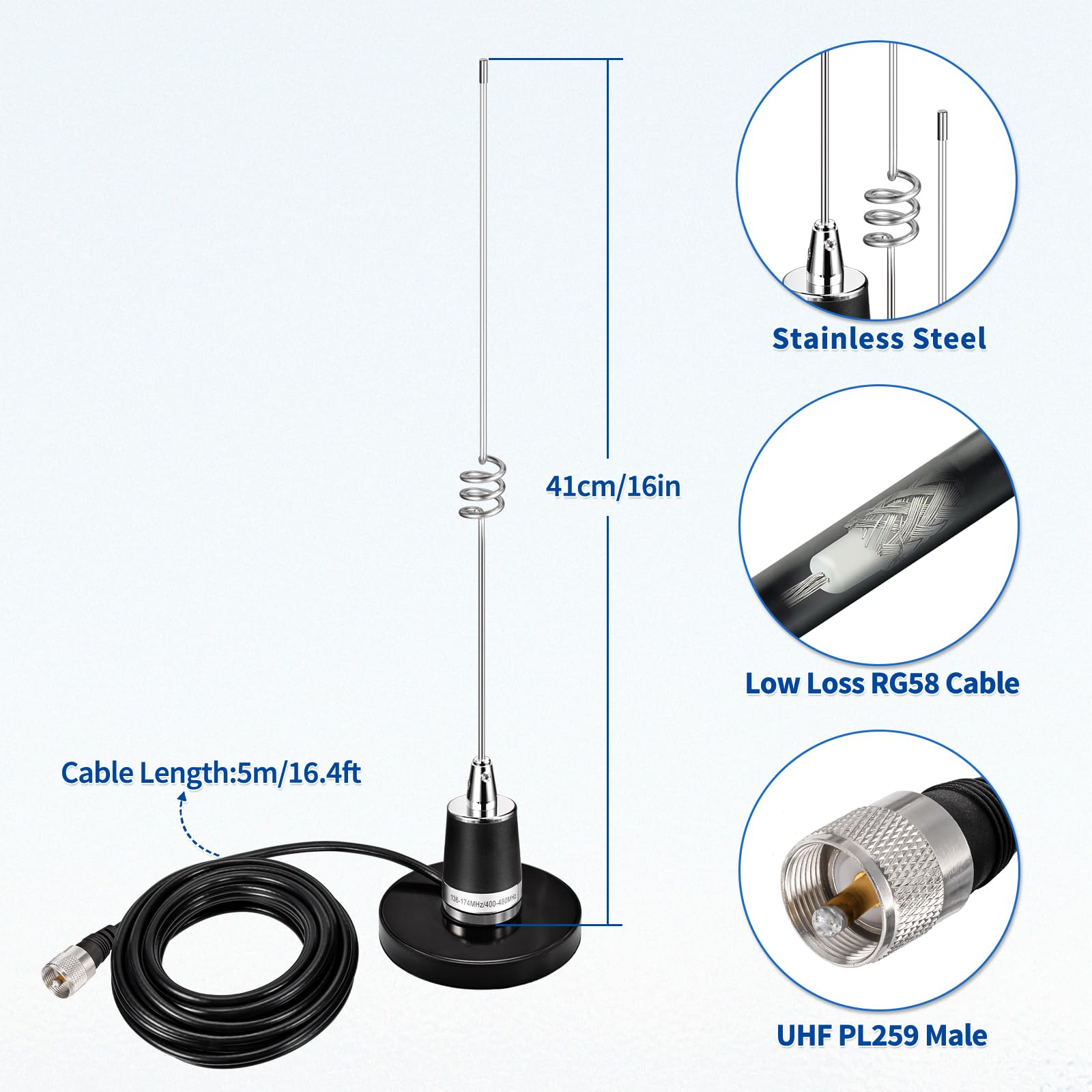 Bingfu Antena NMO de doble banda VHF UHF 136-174MHz 400-470MHz con base magnética de 3.54 pulgadas de diámetro para coche, camión, radio, radio, aficionado, radio móvil, radio bidireccional, radio VHF