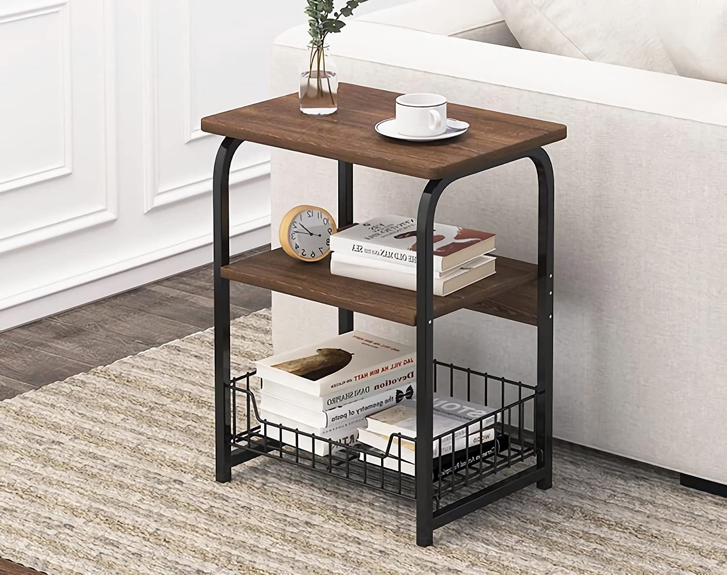 BueuweNightstand, End Table, 3-Tier Nightstand with Storage Shelf,Easy Assembly, Steel,Table Rustic Furniture Metal Small Tea Table Frame for Bedroom/Entryway/Office (b)