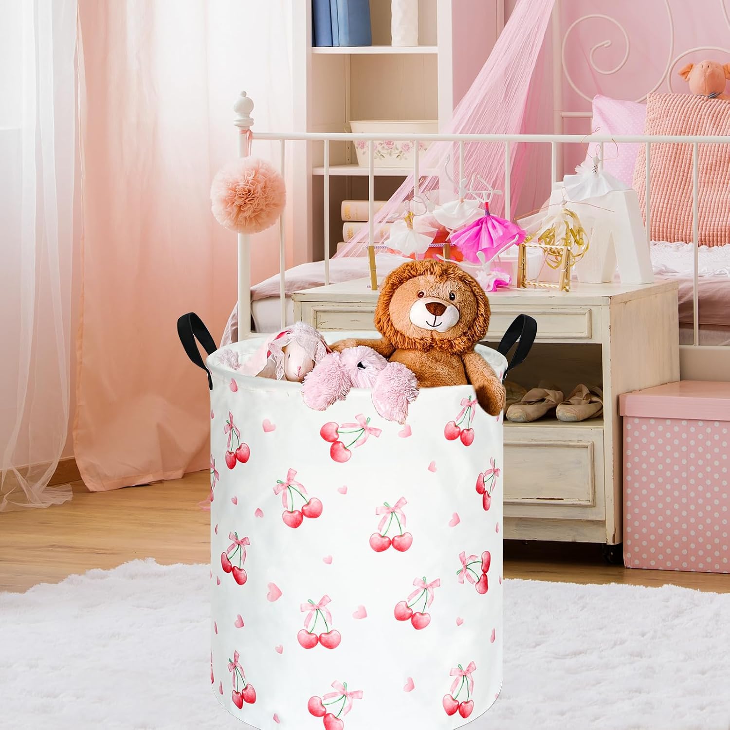 Cherry Print Round Laundry Hamper Storage Basket Bins Clothes Nursery Hamper for Home, Gift Storage Bins with Handles