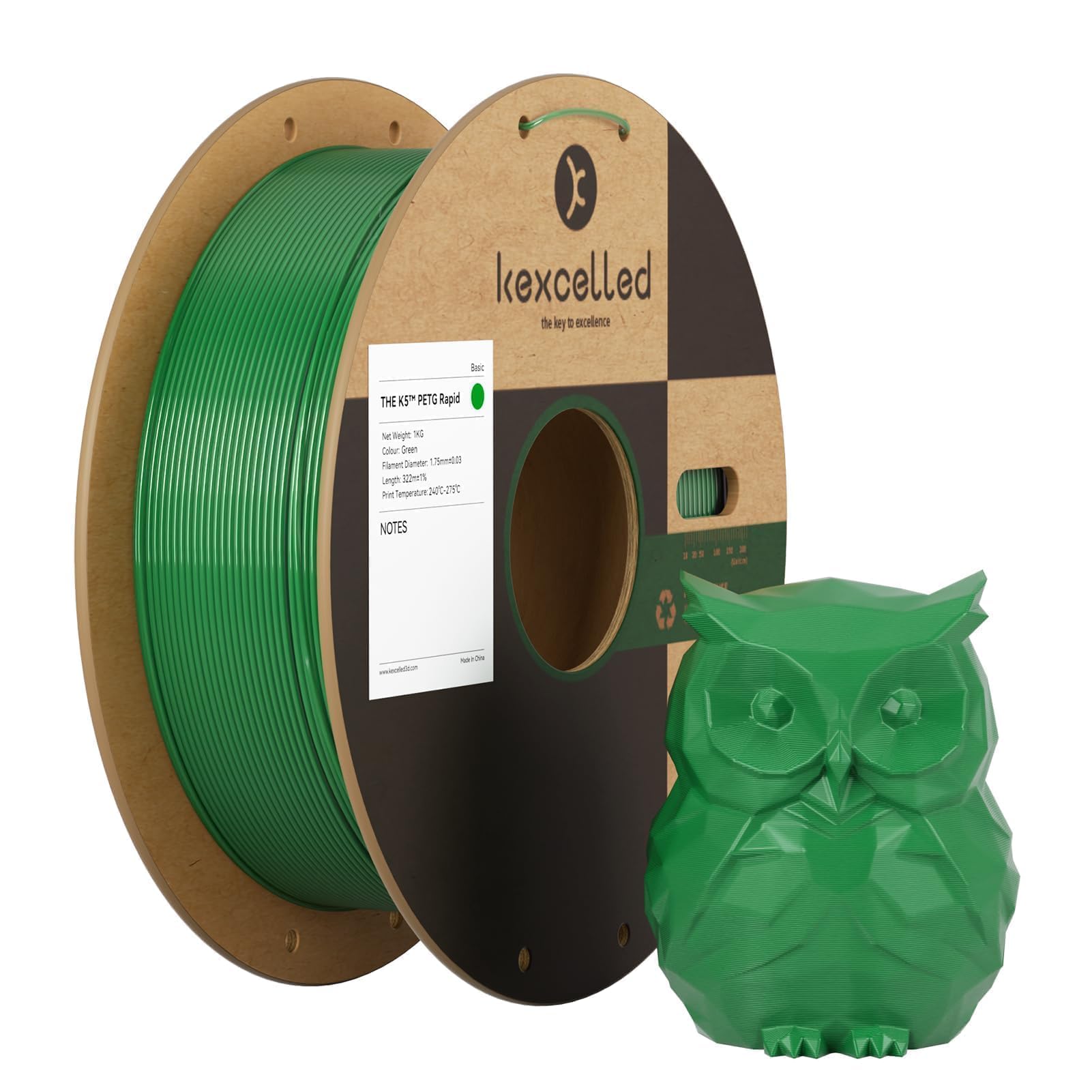 kexcelled PETG Filament 1.75mm, Green Rapid PETG 3D Printer Filament High Speed Up to 400mm/s for Fast Printing,1kg(2.2lbs) Spool,Smooth Adhesion,for Christmas & Creative Projects