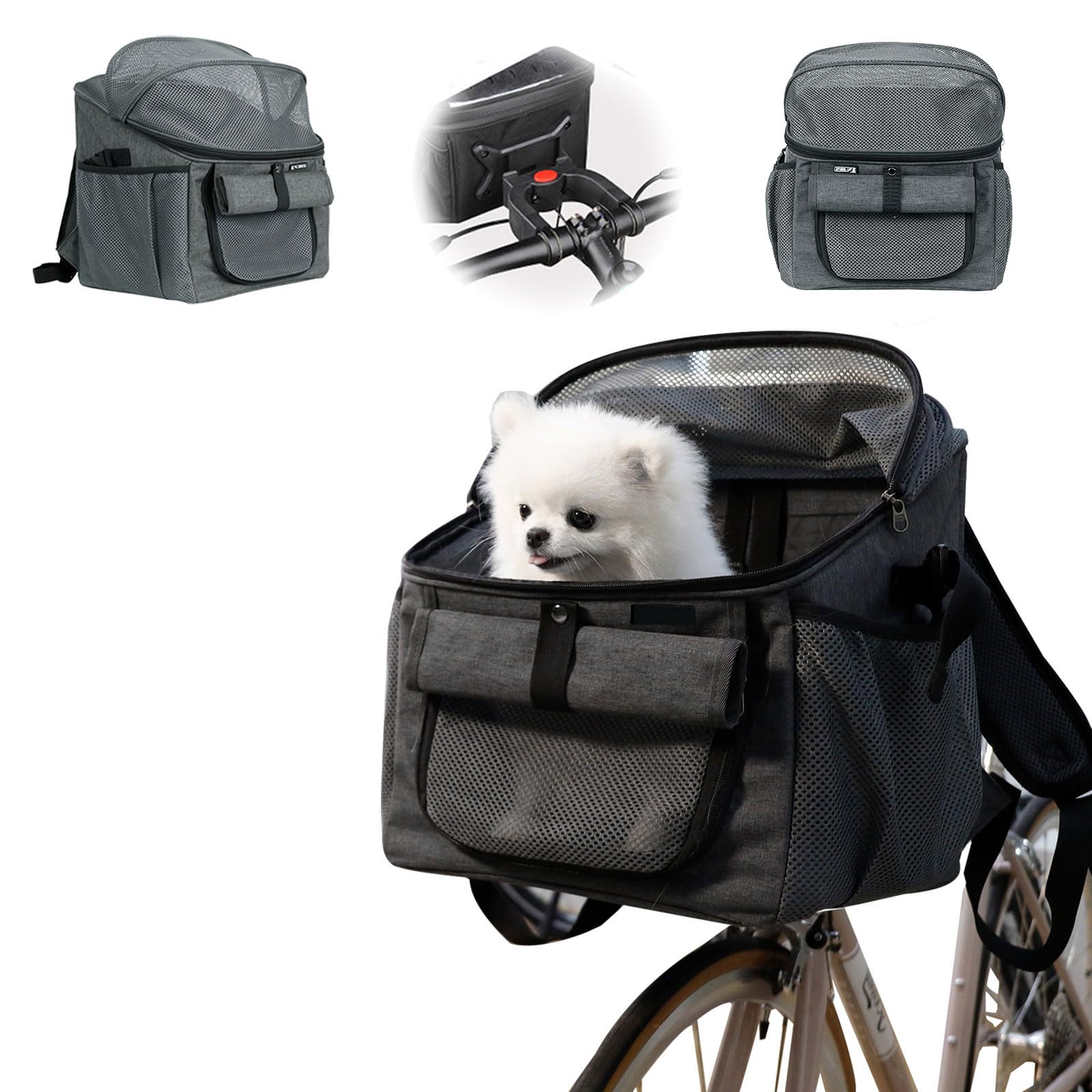 Cestino per Bicicletta Animale Domestico, Cestino Bicicletta Anteriore Cane con Adattatore per Manubrio Staccabile, Cinghie Regolabili, Rete Traspirante per Il Ciclismo Picnic Shopping (Nero)