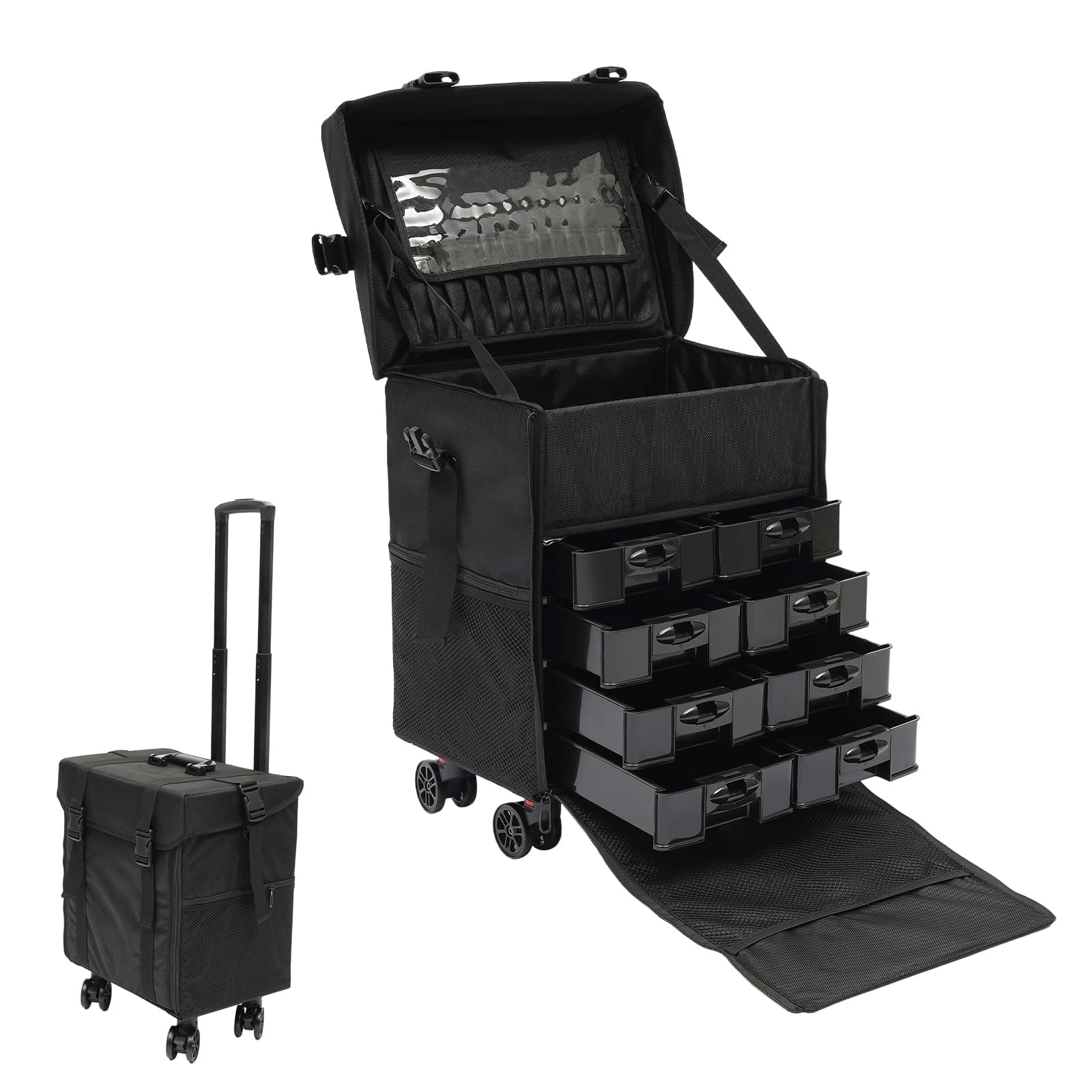 Make-upkoffer, 3-in-1, grote koffer voor manicure, esthetisch, met wielen, koffer, make-up, schoonheid, kapperskoffer, nagelkoffer, Zwart, L