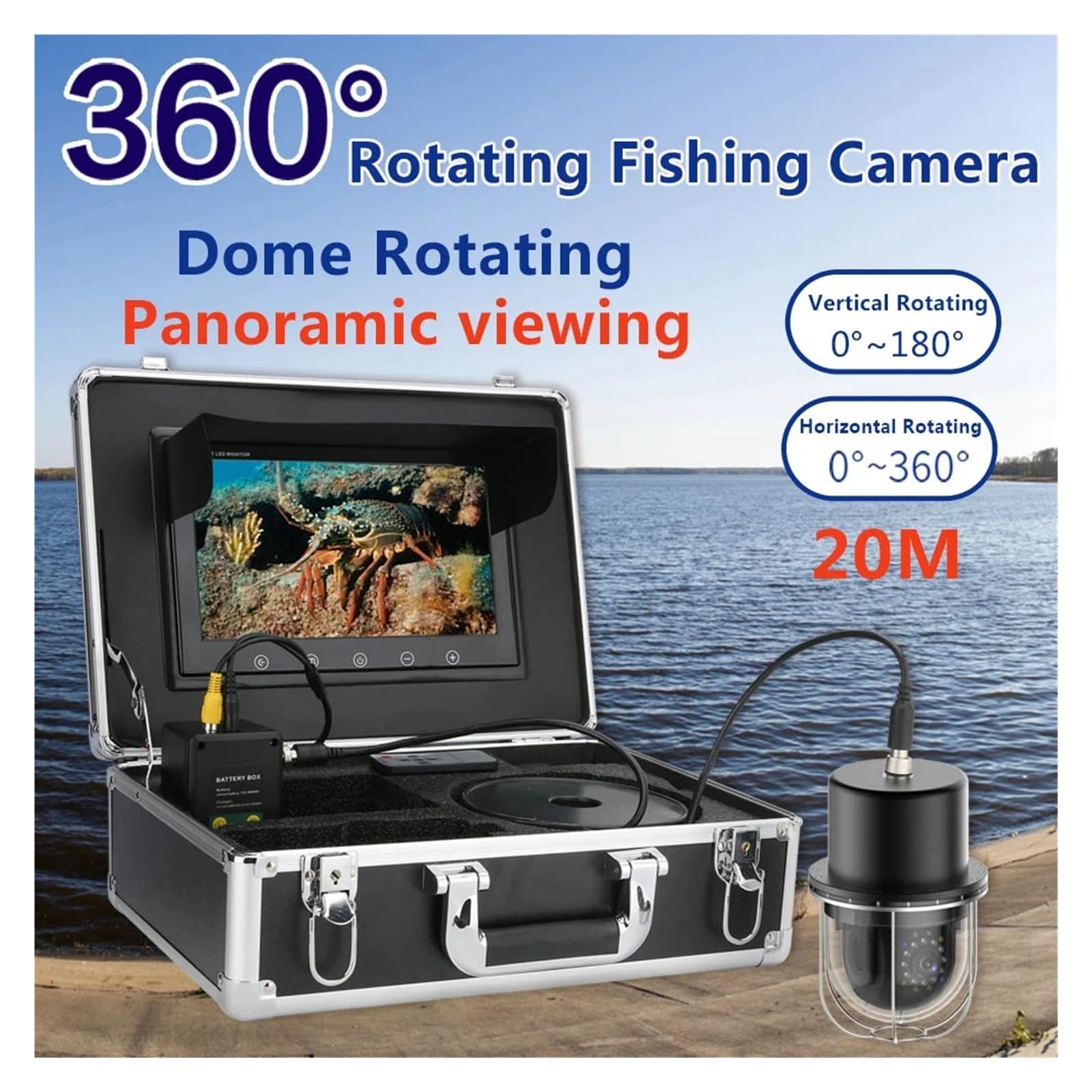 Cámara de pesca submarina de 10 pulgadas, buscador de peces, IP68, resistente al agua, 20 LED, cámara panorámica giratoria de 360 ​​grados, 20 m/50 m/100 m Vista clara(20M)