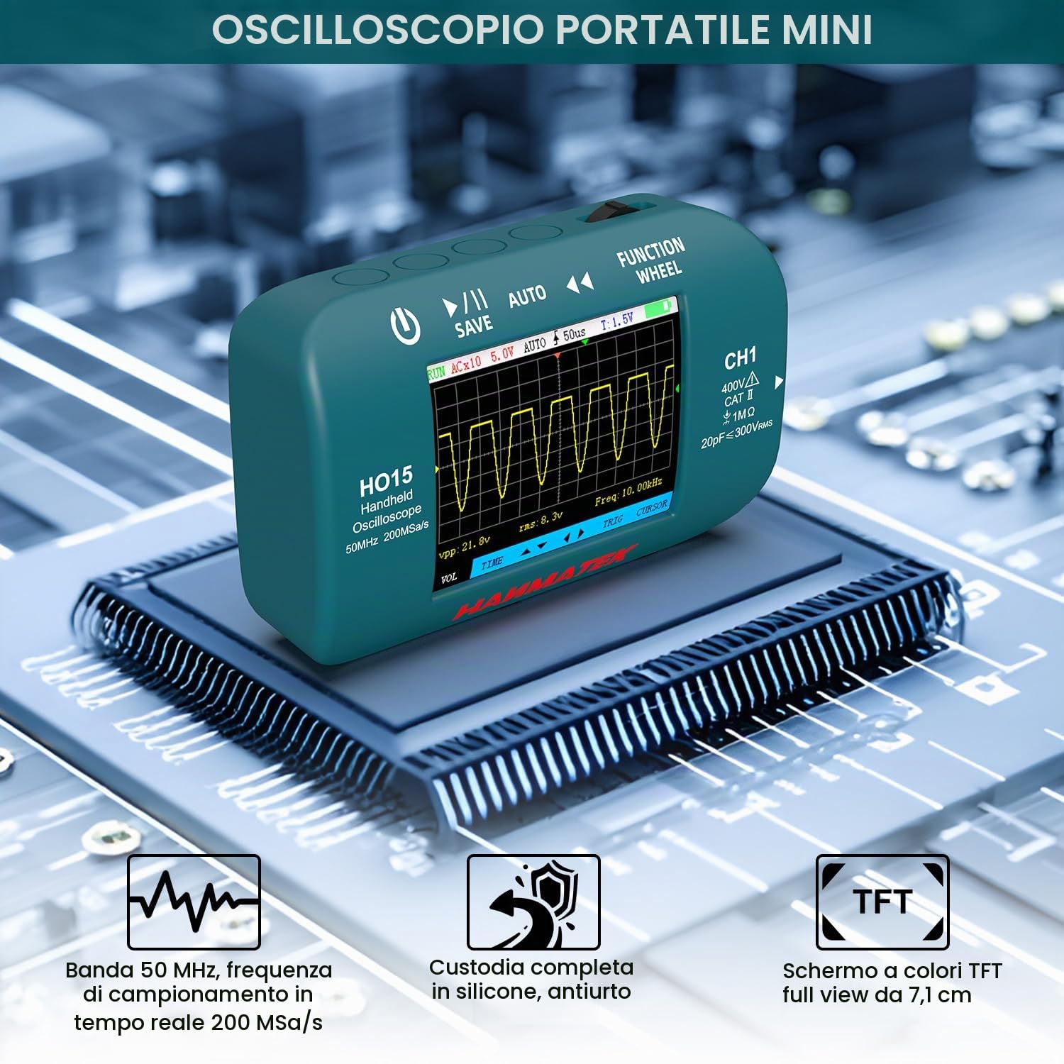 HANMATEK Oscilloscopio Digitale, Mini Oscilloscopio Portatile 50MHz 200MSa/s, 2 in 1 con Sorgente di Segnale, 2,8" TFT, Ricaricabile USB-C, HO15