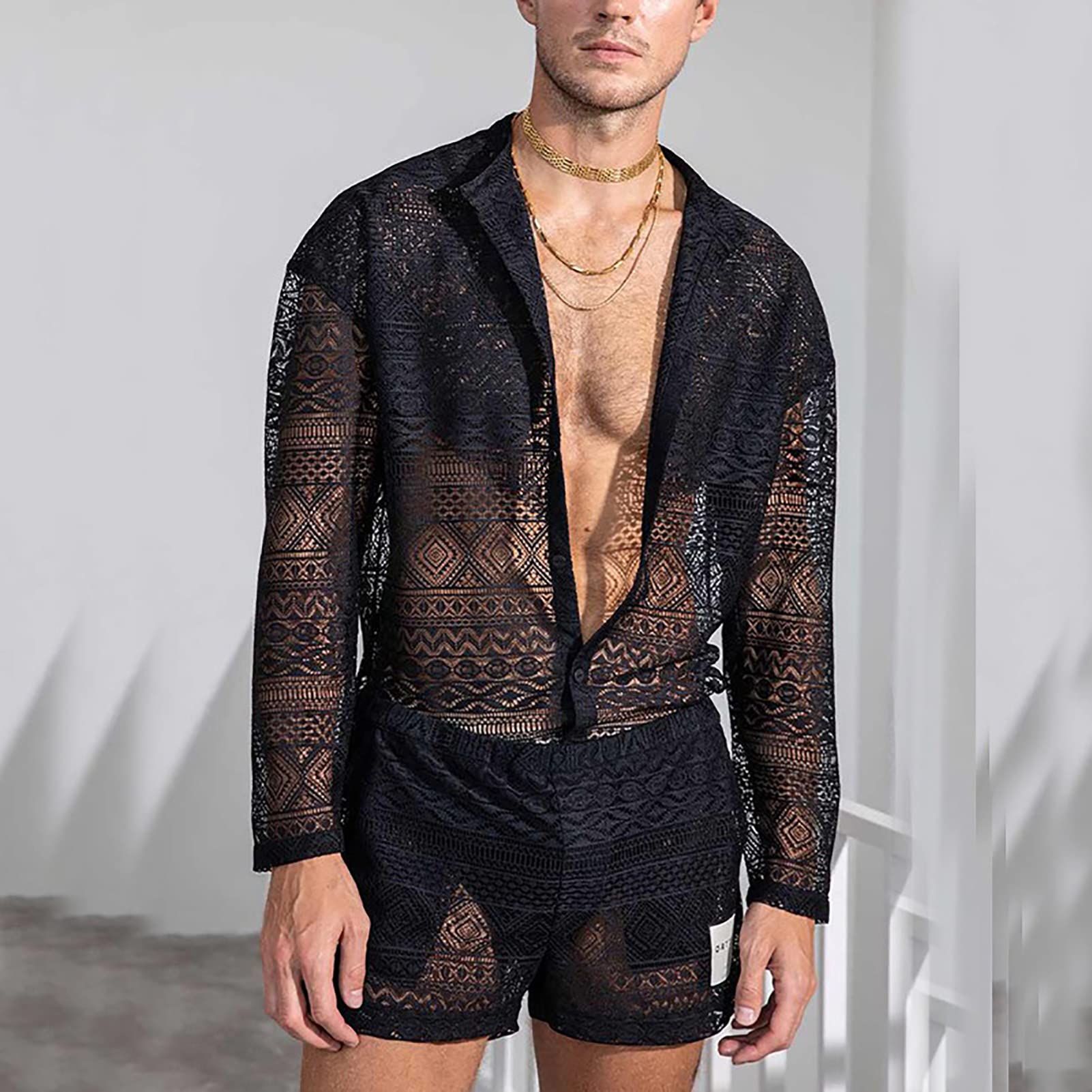Akozon Camicia e Pantaloncini da Uomo a Maniche Lunghe in Pizzo