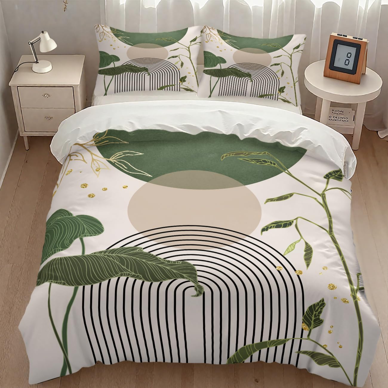 Boho Sage Green Comforter Set,Mid Century Tropical Plant Palm Leaves Abstract Minimalist Geometic Modern Bedding Set with Pillowcase for Bedroom Bed Decor，Twin 86"x70"