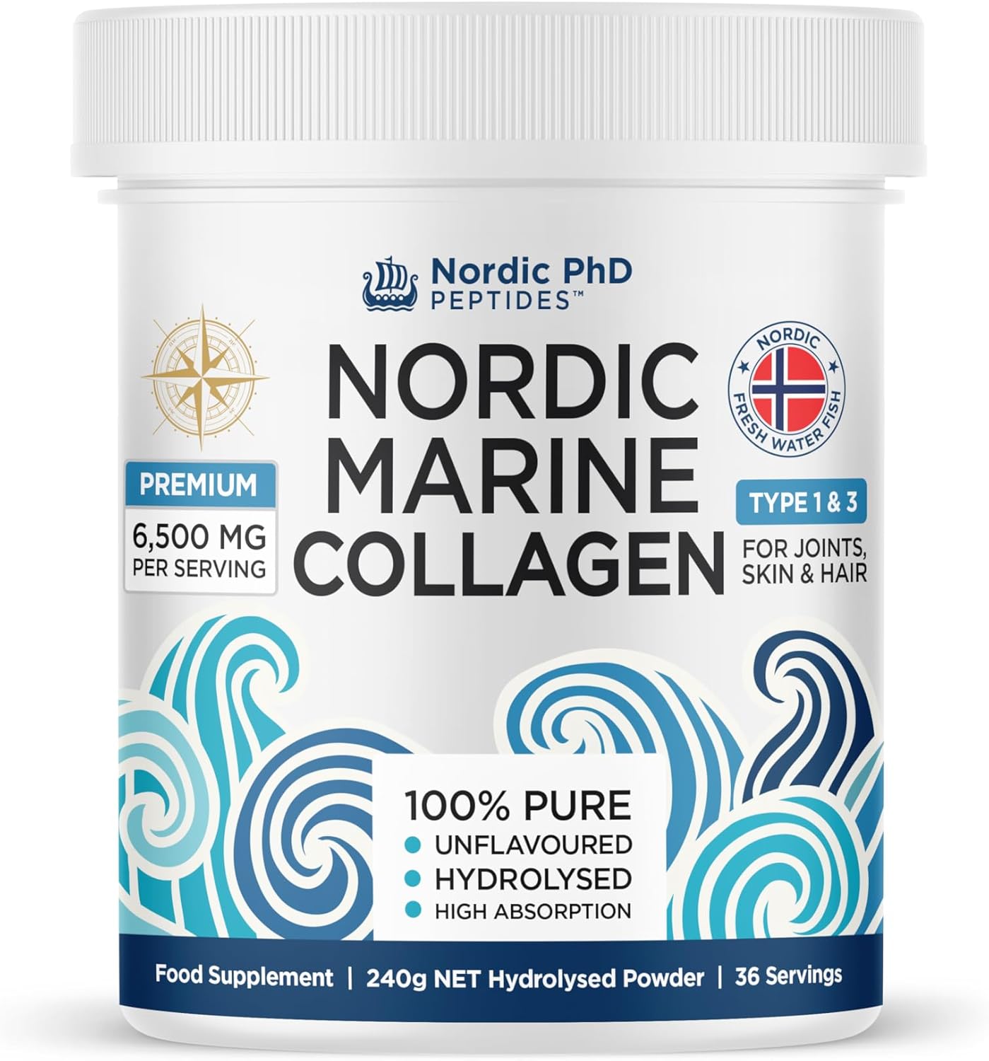 Nordic Marine Collagen Powder – 100% Pure Hydrolysed Collagen Peptides – Type I & III – 6,500mg Per Serving – High Absorption – Unflavoured – 240g | 36 Servings