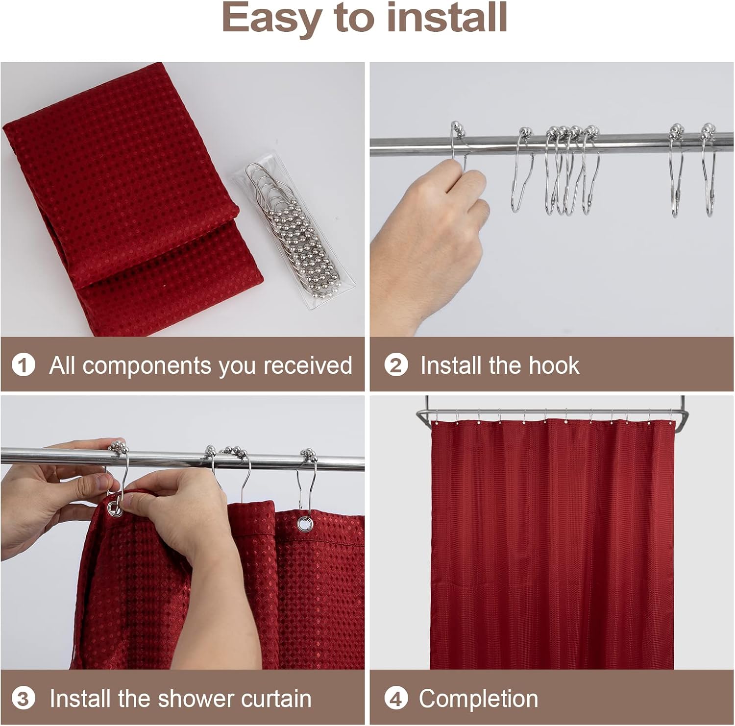 Shower Curtain, Waterproof Waffle Fabric Shower Curtain, 72 * 78 Inch Shower Size, with 12 Hooks, Weighted Long Hem, Machine Washable, Suitable for Home Hotel Bathroom Shower Curtain Set Red