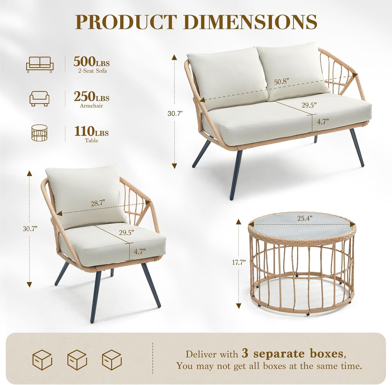 4 Pieces Patio Furniture Set, Oversized PE Rattan Wicker Sectional with 4.7" Thick Cushions, Outdoor Furniture with Chairs & Coffee Table for Garden Balcony or Backyard, Beige