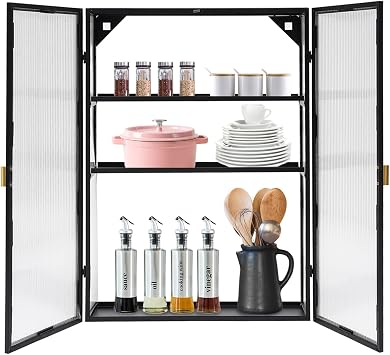 Bathroom Cabinet Wall Mounted, Metal Hanging Cabinet Double Door with Detachable Shelves for Office, Dining Room Living Room Kitchen Bathroom Black