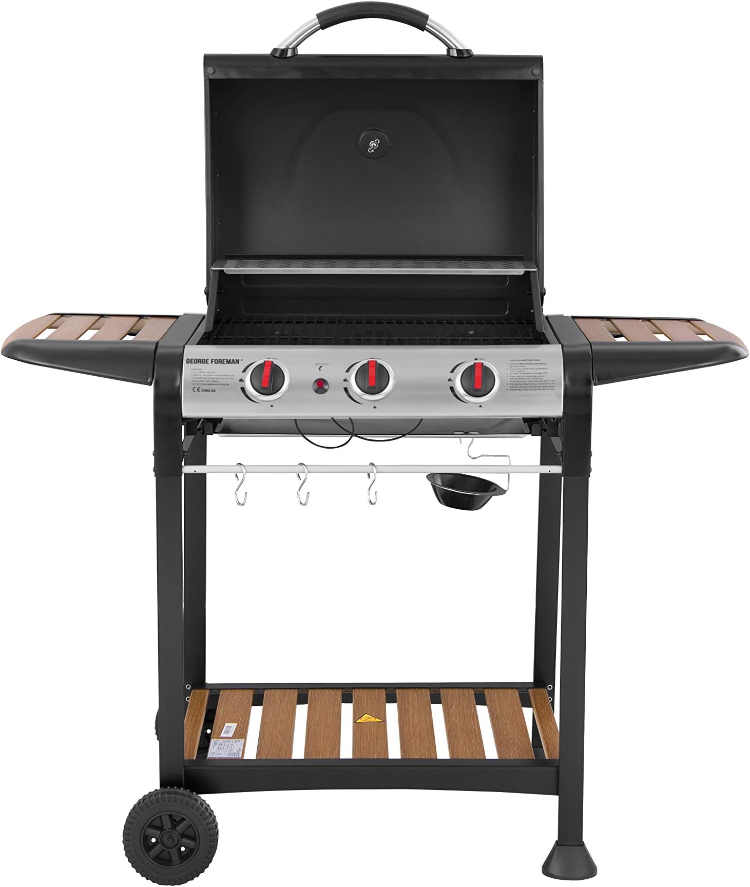 George Foreman 3 Burner Gas BBQ with Automatic Ignition & Integrated Thermometer, Black, Gas Barbecue, 2 Wheels Fitted Rack with 2 Shelves Wood Effect, GFGBBQ3BW