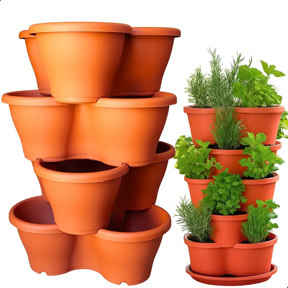 Kit 4 Vaso Treviso Terracota Empilhável Jardim Vertical 11L Borda Anti Formiga para Plantas Ornamentais, Hortas, Frutas, Temperos, Suculentas e Flores