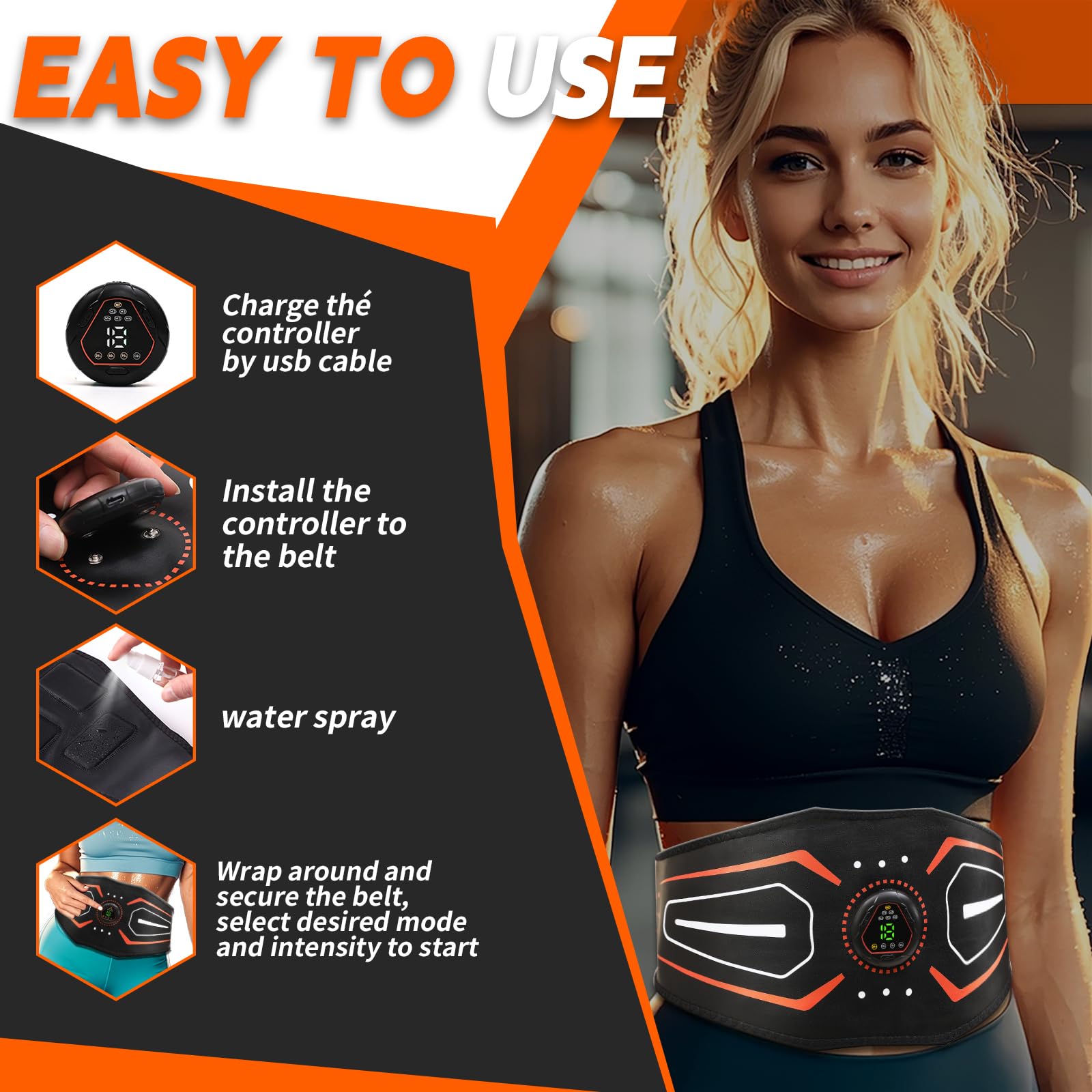 Fitness Belt,Model KLT-07,ABS Stimulator,Ab Machine,Abdominal Toning Belt,Fitness Training Ab Trainer Equipment for Home,Fitness Strength Training Workout Equipment for Men and Women Orange red