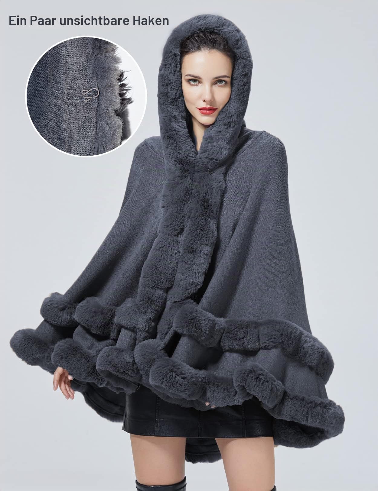 BEAUTELICATE Kunstpelz Umhang Poncho Damen Stola Braut Cape Mit Kapuze Für Winter Hochzeit Abend Party Schwarz Khaki Beige Rosa S113