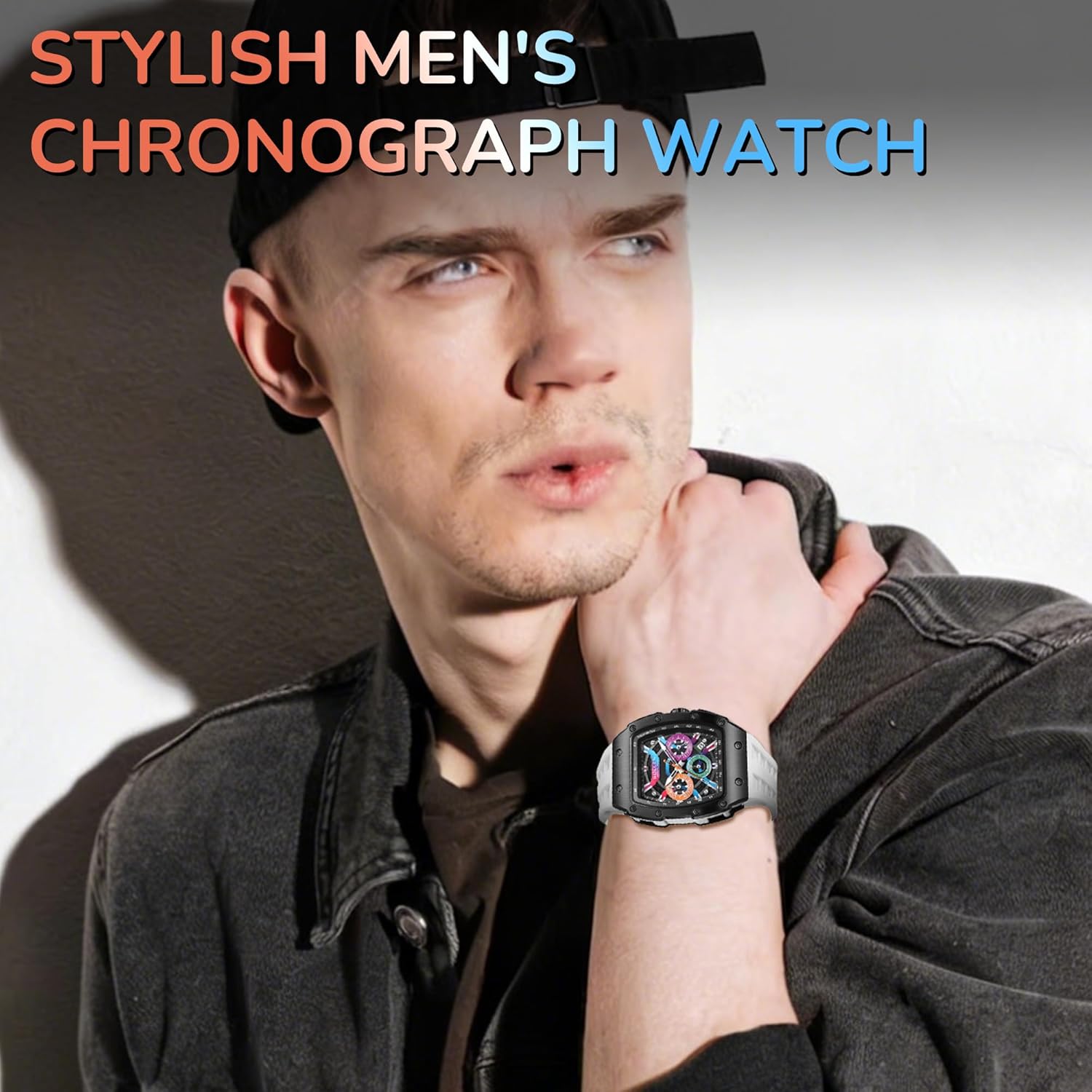 SOLLEN Stylish Men's Tonneau Watches, Analog Quartz Mens Chronograph Watch with Calendar,Fashion Sport Casual Work Wrist Watches for Men with Silicon Strap,Colorful Dial Skeleton Watch Gifts for Men - Image 2