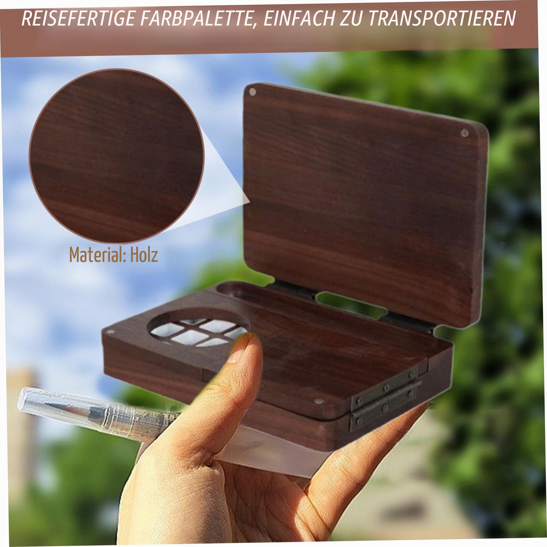 Holz Aquarellpalette, 6.7x4.7x1.6inch 24 Gitter Aquarellfarbe Palette mit Mischträger & Deckel, tragbare Skizzenbuch Palette, Aquarell -Mischpalette für Anfänger und Profis
