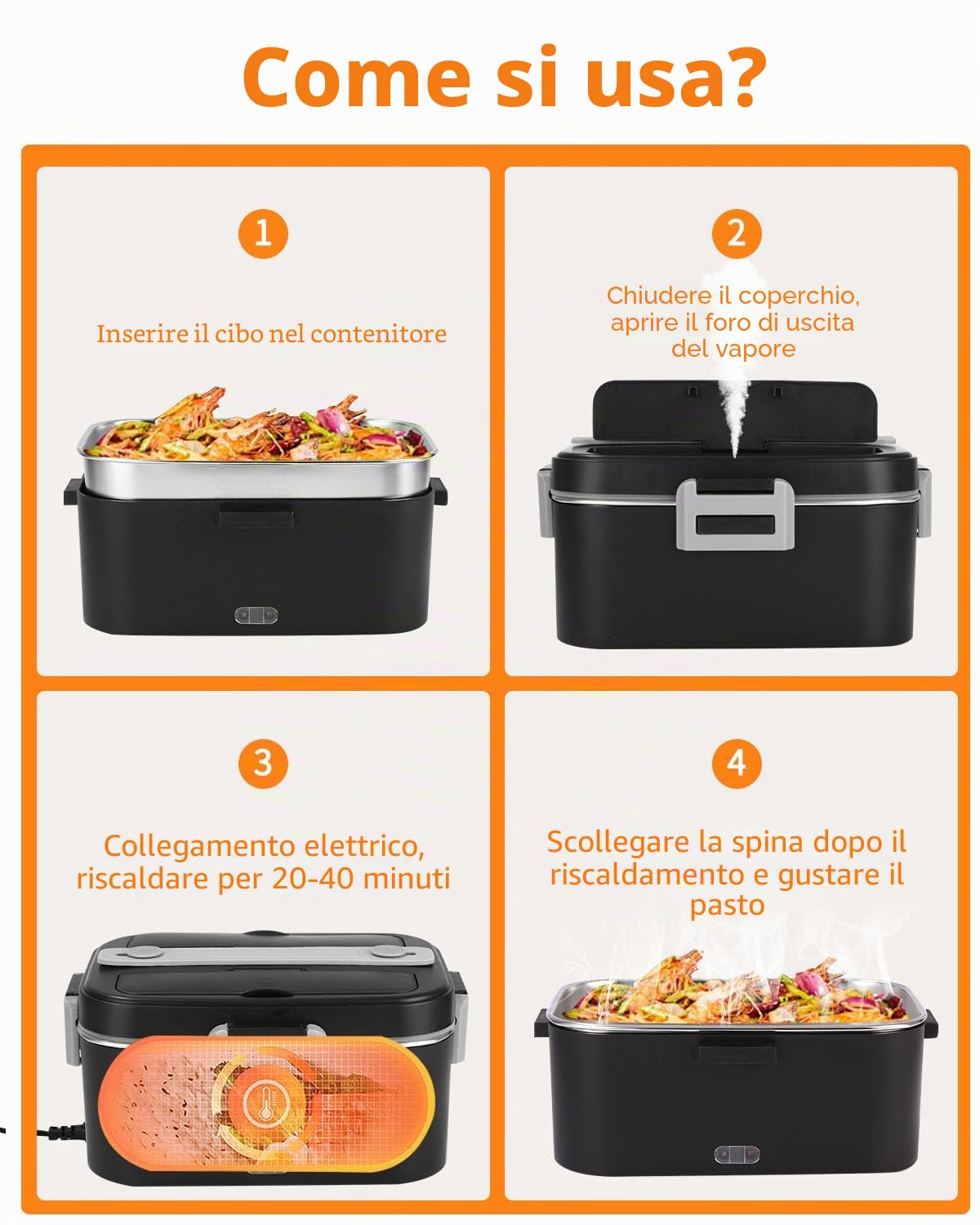 Scaldavivande Elettrico Portatile, 12V 24V 220V Porta Pranzo Riscaldabile, 1,8L Schiscetta Pranzo Riscaldabile, Portavivande Elettrico Portatile per Auto Camion e Ufficio, Nero
