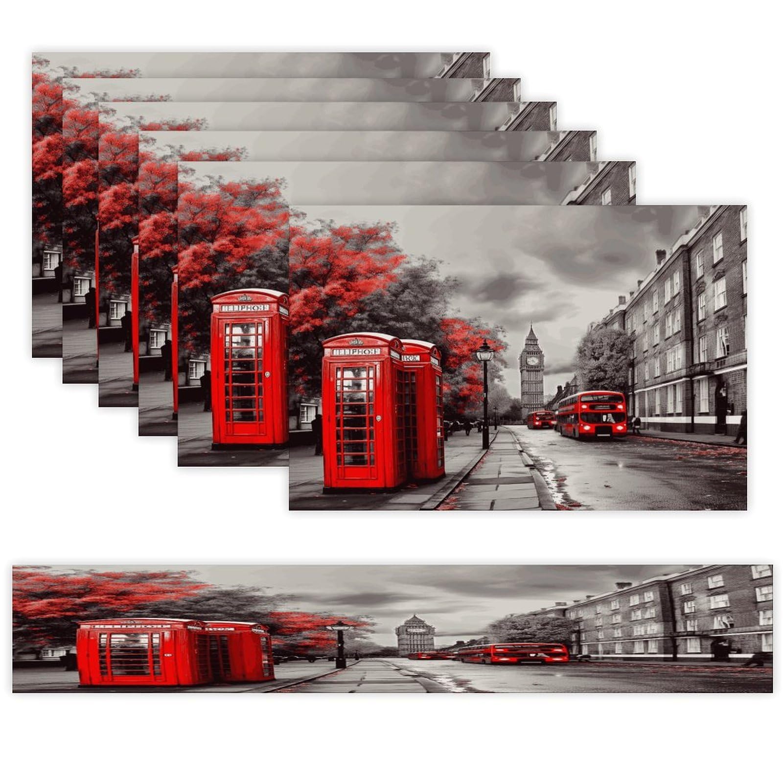 Red London Street Table Runner and Placemats Set of 6 for Kitchen Washable Table Mats Heat Resistant Place Mats Non-Slip Place Mat Wipeable Placemat(6 Placemats+1 Table Runner)