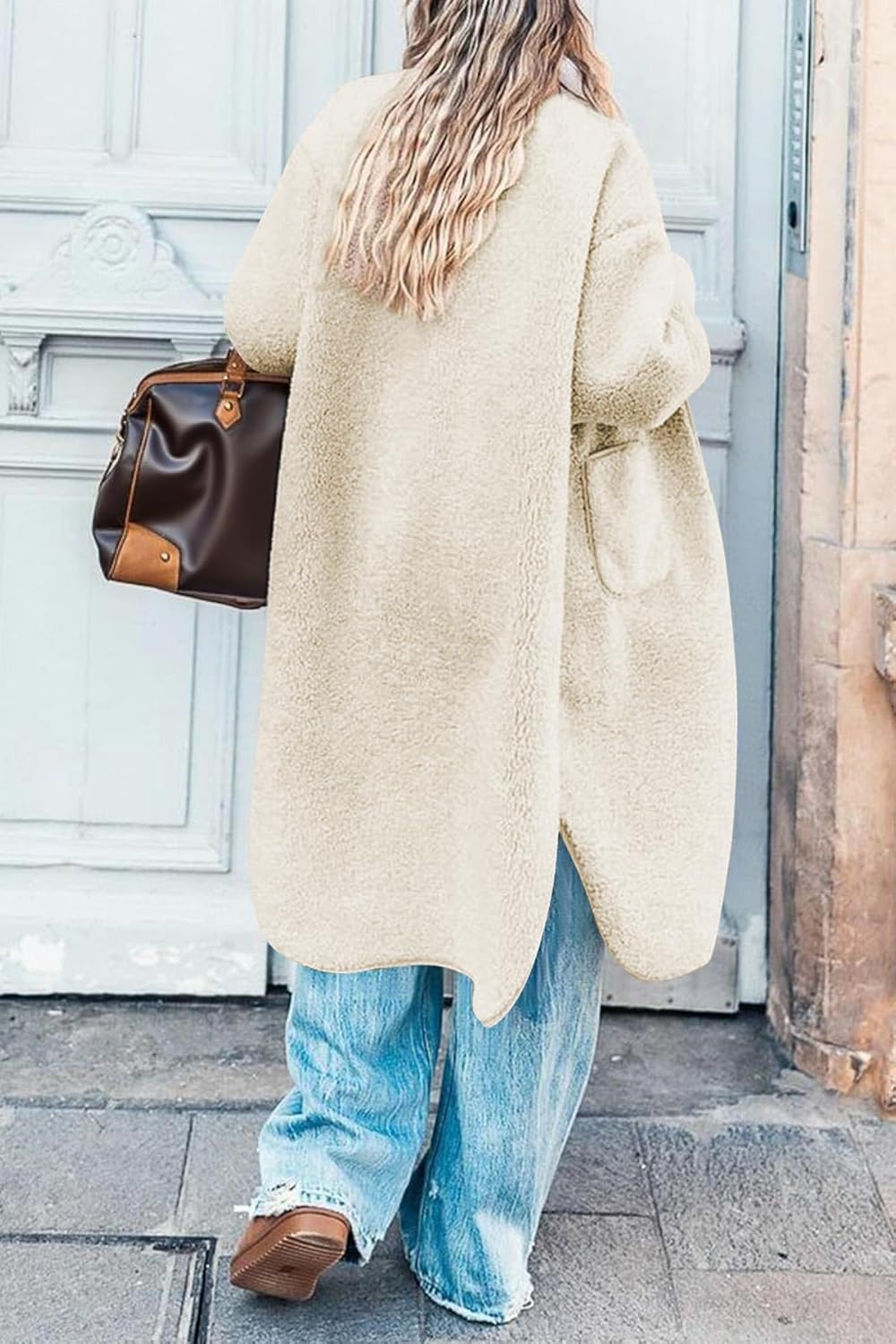 Aoang Women 2025 Winter Faux Fur Coats Fuzzy Fleece Open Front Outerwear Button Down Sherpa Long Jackets - Image 5