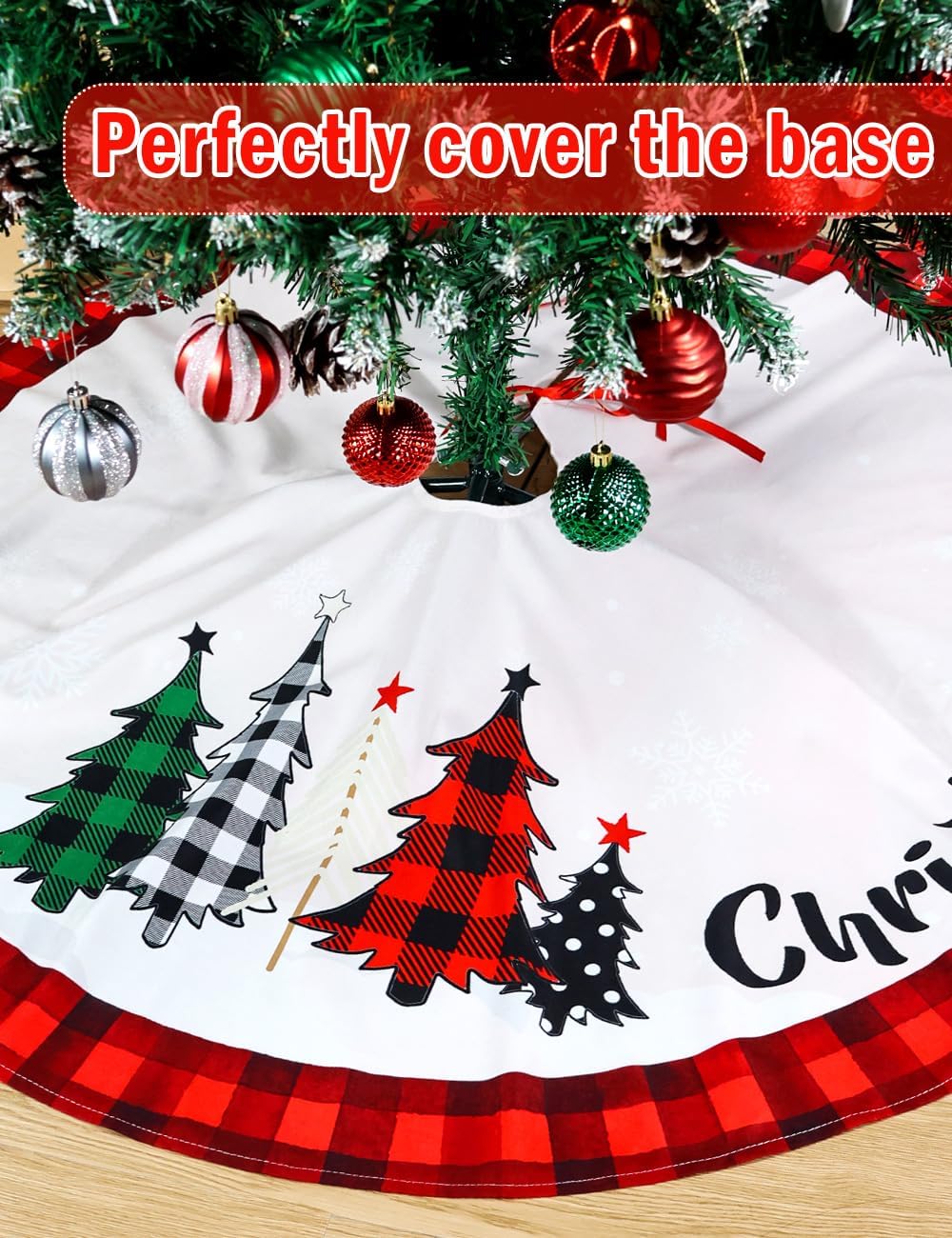 Multiwins Christmas Tree Skirt 48 Inch Red Rustic Xmas Tree Skirt with Snowflake, Black Red Buffalo Plaid Christmas Tree Skirt Ornaments for Merry Christmas Holiday Party Decorations Indoor Outdoor