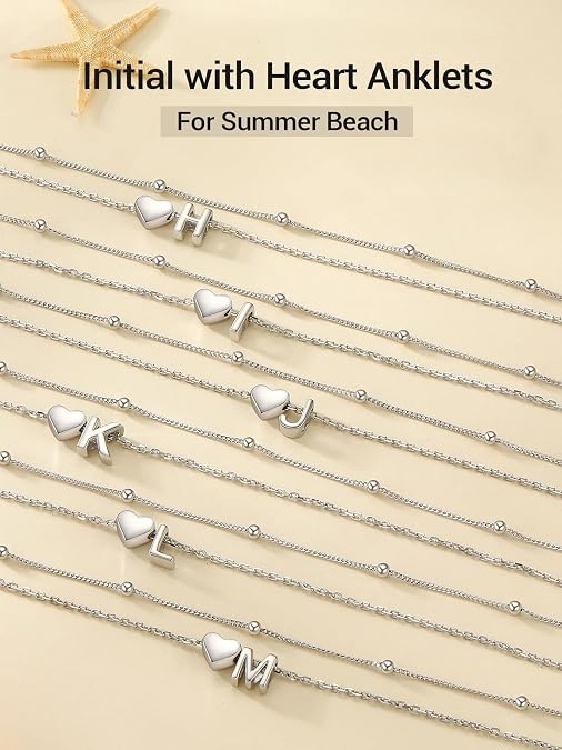 PROSILVER Ankle Bracelets for Women S925 Sterling Silver Anklets for Women Waterproof, Dainty Layered Heart Anklet, Beach Initial Anklet for Summer, Letter A-Z