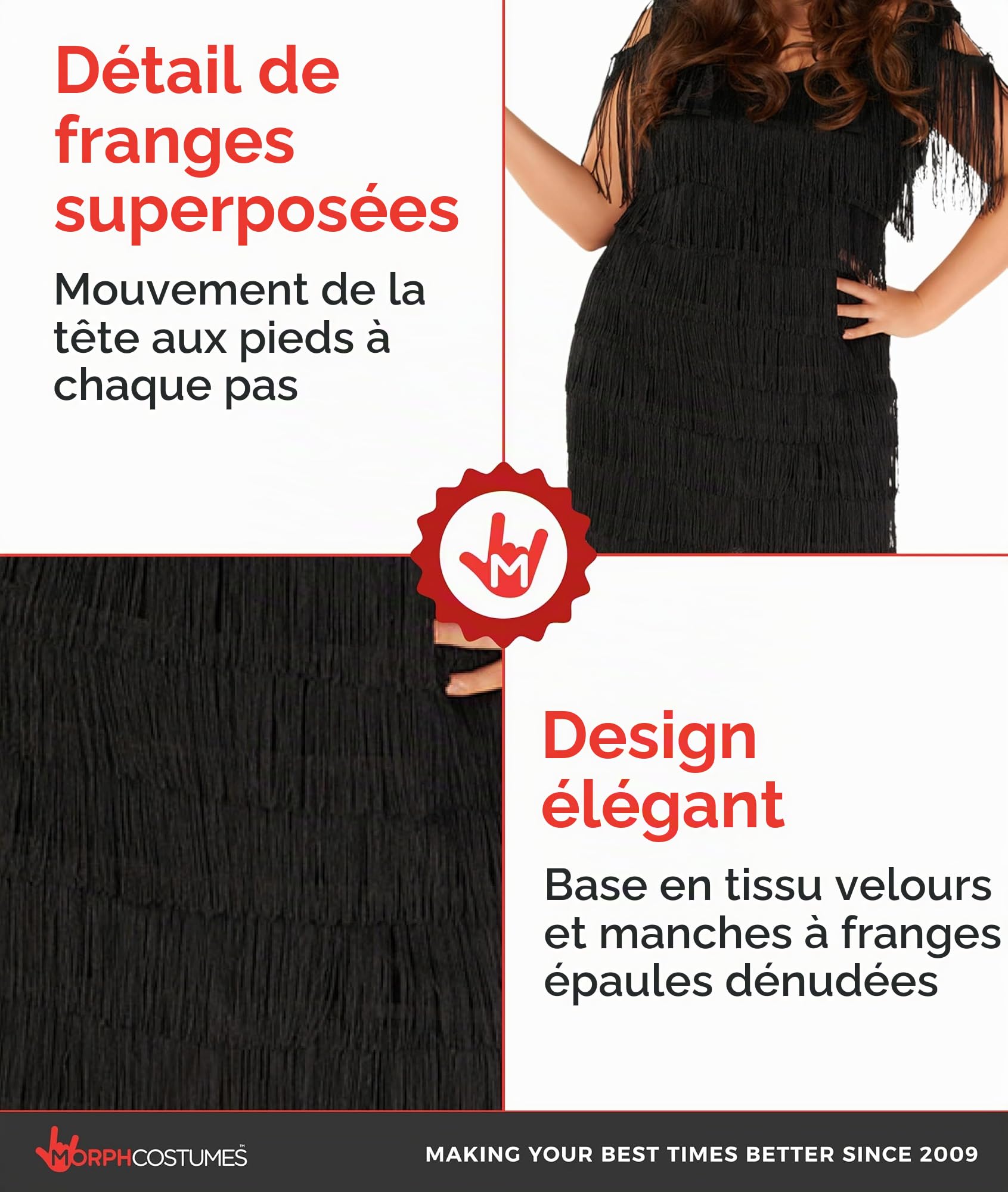 Morph Deguisement Charleston Femme, Costume Annees Folles Halloween | Robe Noire à Franges & Bandeau, Style Années Folles, À Enfiler, Parfait pour Halloween, Idéal pour se Déguiser