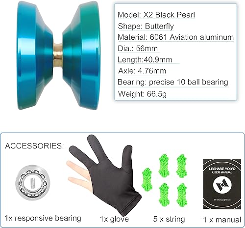 Miniatura 5 de LESHARE X2 - Yoyo profesional sin respuesta de aluminio azul y verde + JOLESHARE T2 Blue Black Yoyo profesional que no responde con rodamientos