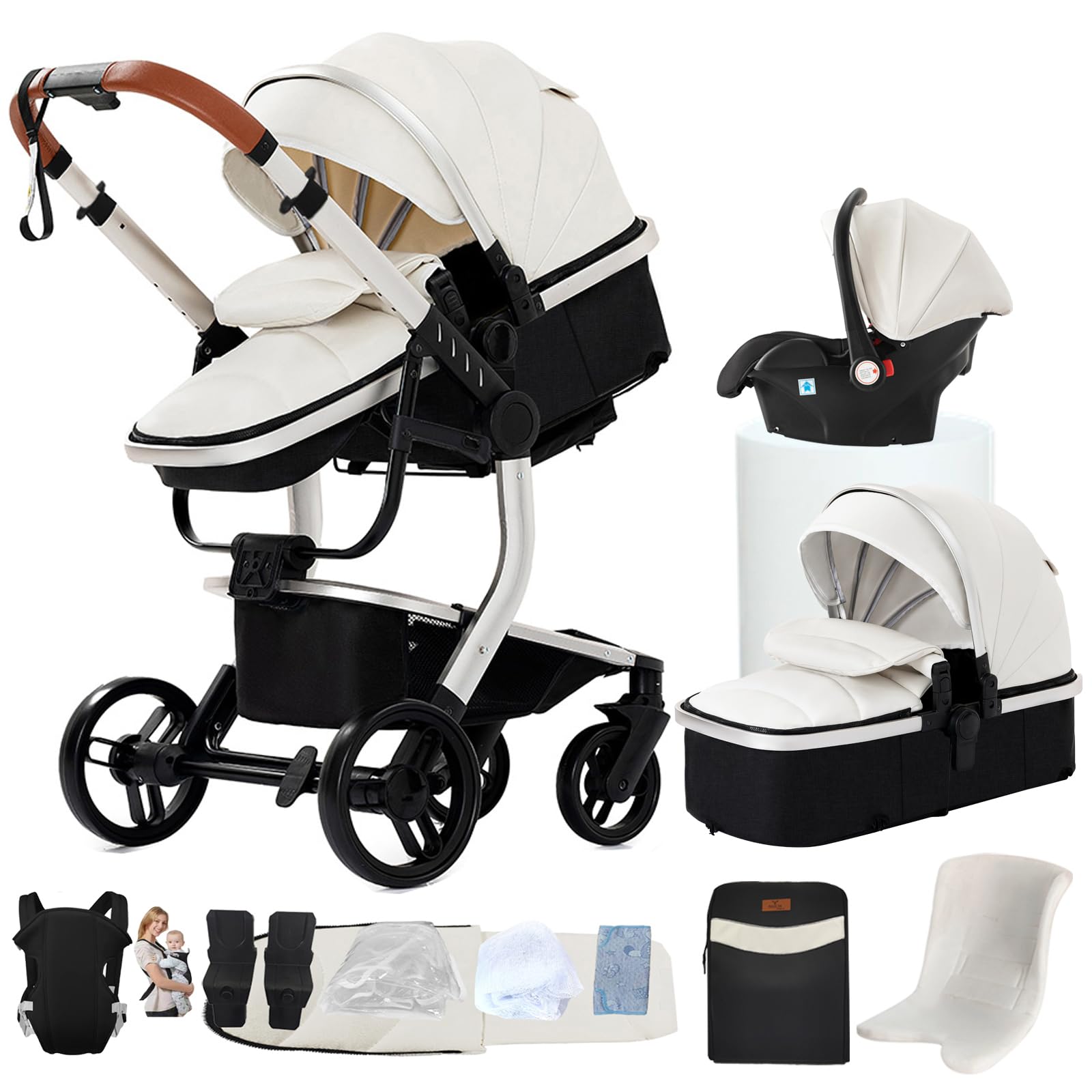 Cochecito combinado 3 en 1, bidireccional con capazo, ajustable 105-180°, plegable fácil, 4 ruedas (X518-WHITE)