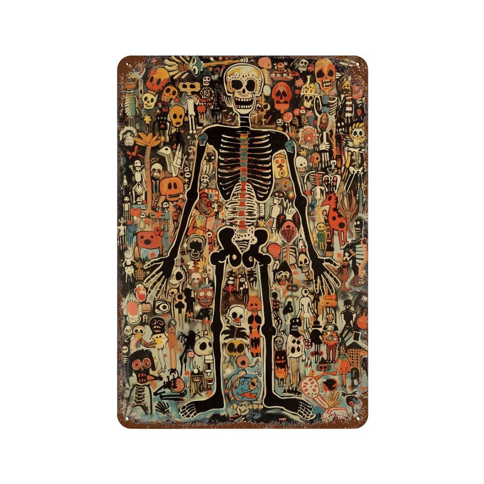 Rust Effect Tin Sign Halloween Skeleton Art Print 11.8"x7.9", Industrial Home Decor for Garage, Bar And Workshop Decor