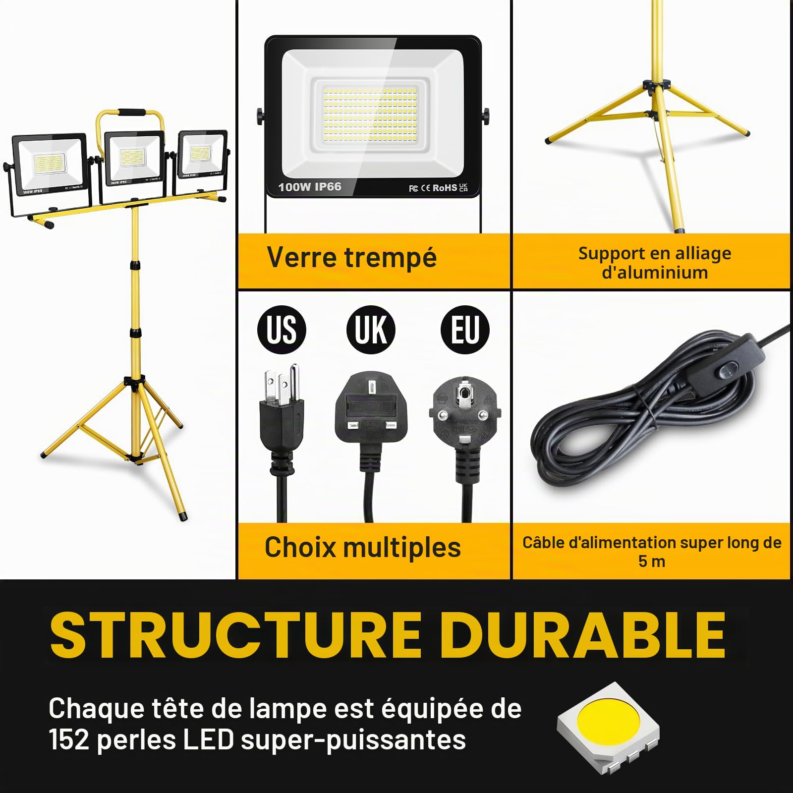 Willpower Projecteur Chantier LED sur Pied 300W Spot LED Extérieur Filaire | Lumiere de Chantier 20000LM, 6000K Blanc, Etanche IP66, Portable Lampe de Travail Pour Garage Atelier Construction