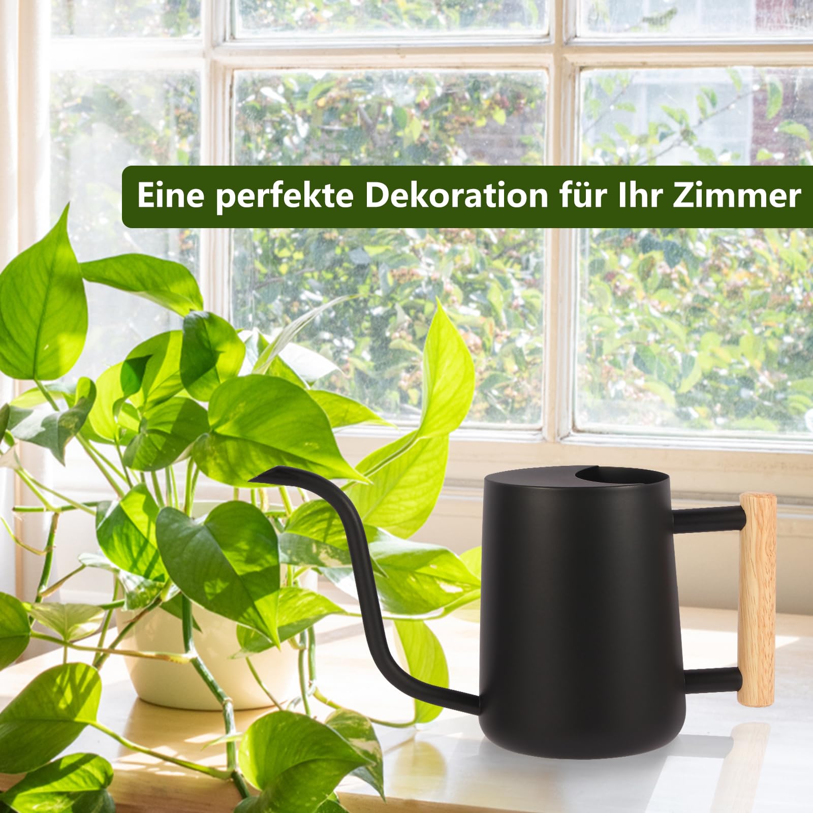 Annaffiatoio per piante da interno, 1 l, piccolo annaffiatoio per interni, in metallo, in acciaio inox, moderno, con beccuccio lungo, per casa, piante, bonsai all'aperto, fiori (nero)