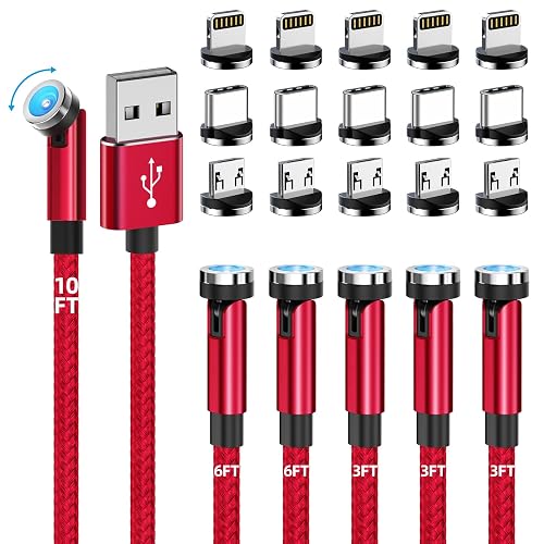 Magnetic Charging Cable, 540 Rotating Phone Charger [6-Pack, 3ft/3ft/3ft/6ft/6ft/10ft] 3 in 1 USB Cable Nylon Braided for iProduct/Micro USB/Type C Device-Red - Red