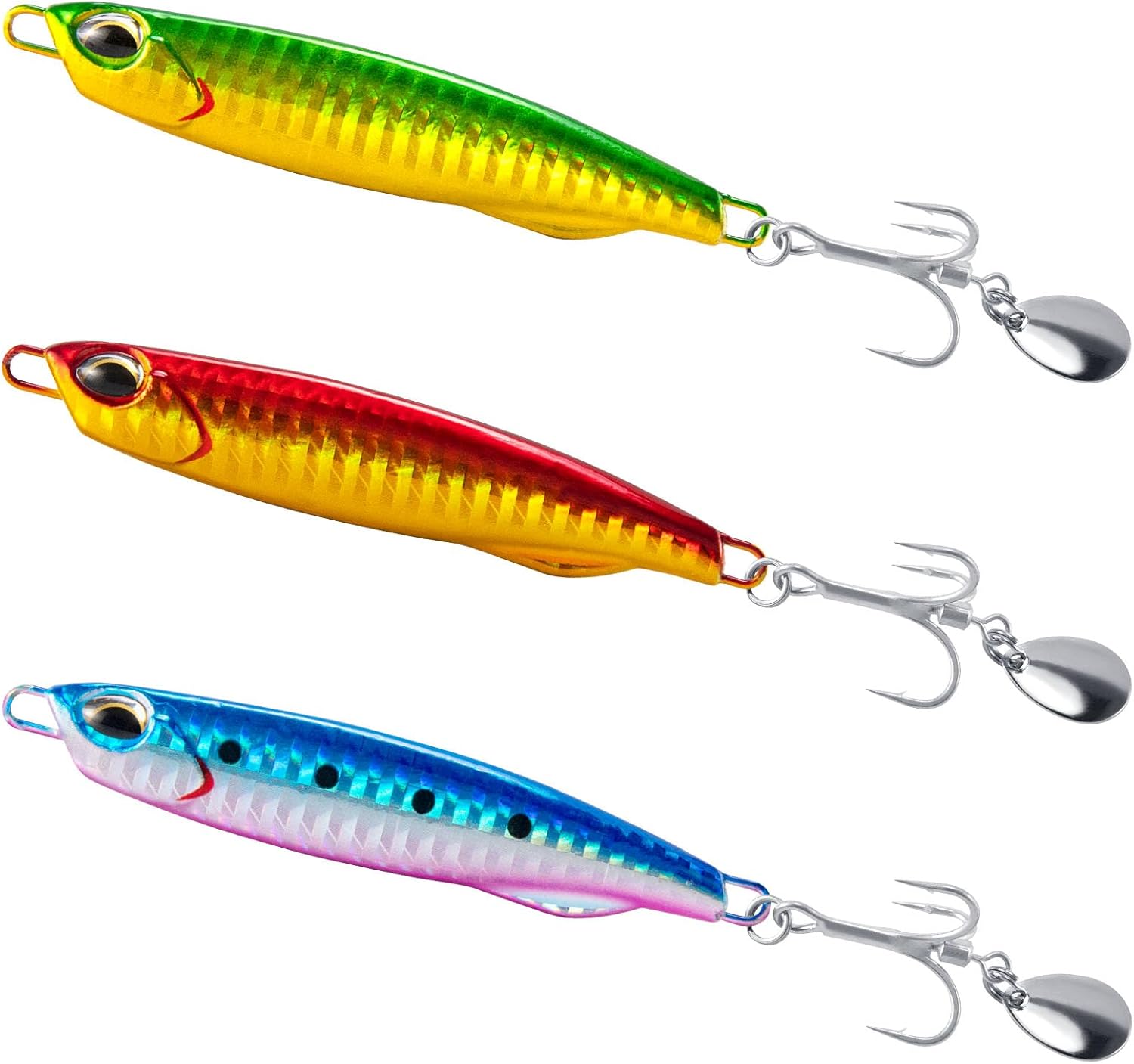 Dr.Fish 3 Pack Jigging Spoons Metal Casting Jigs Bladed Treble Hooks Saltwater Casting Spoons Surf Fishing Trolling Lures Vertical Diamond Jigs Mackerel Striper Bluefish Lures