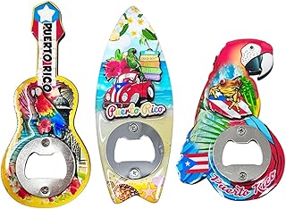 3 Pack Puerto Rico Fridge Magnets with Bottle Opener – 3D Souvenir Magnets Featuring Parrot, Guitar, Surfboard – Assorted Puerto Rican Designs for Refrigerator Decoration, Travel Gifts, Collectibles
